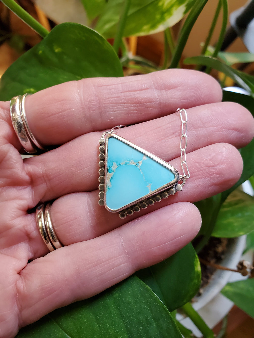 Royston Royal Blue Turquoise Inverted Triangle Pendant with Southwestern Detail in Solid Sterling Silver