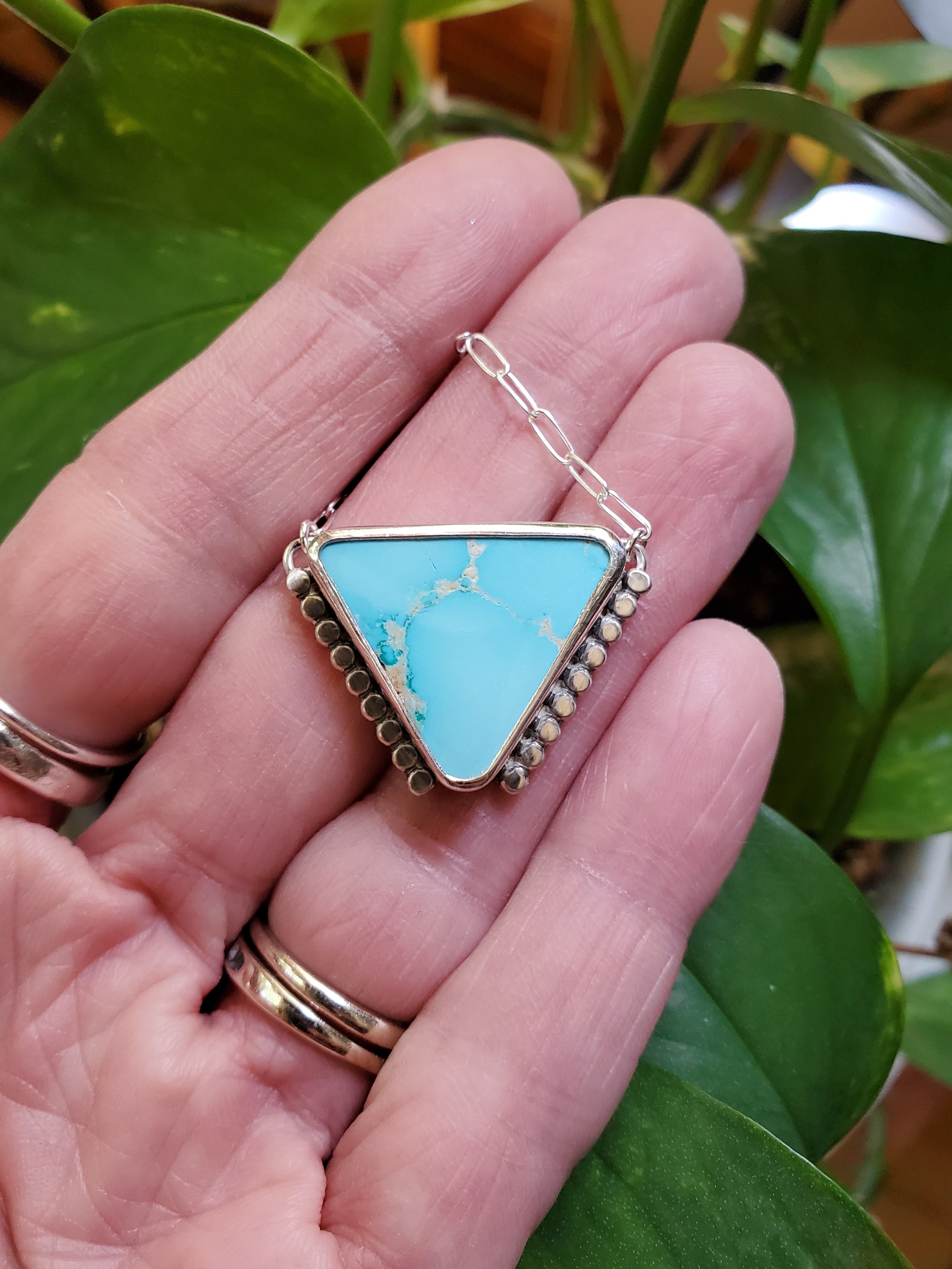 Royston Royal Blue Turquoise Inverted Triangle Pendant with Southwestern Detail in Solid Sterling Silver