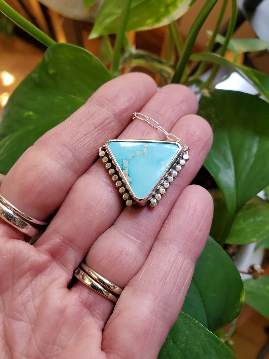 Royston Royal Blue Turquoise Inverted Triangle Pendant with Southwestern Detail in Solid Sterling Silver