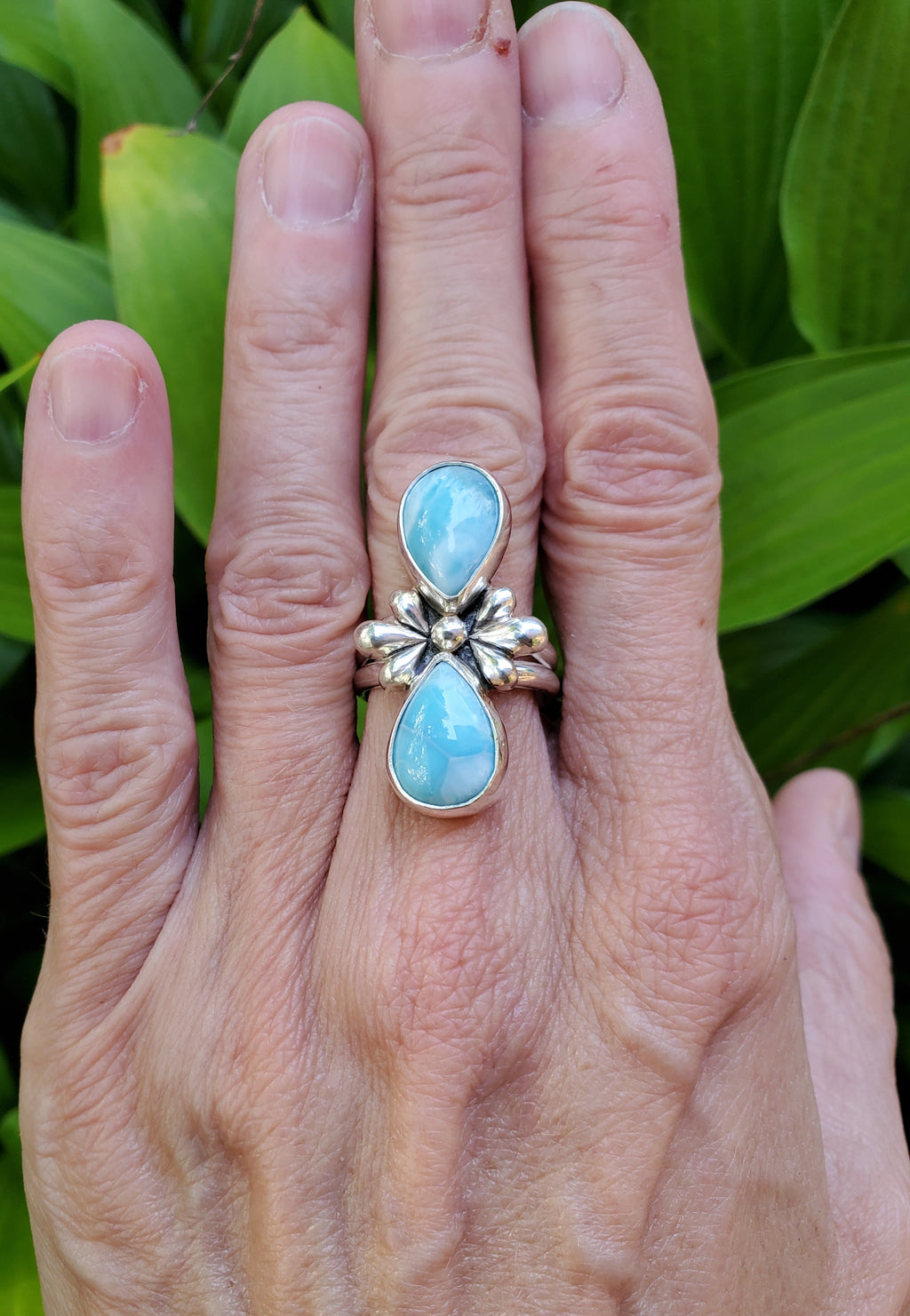 Larimar Sterling Silver Statement Ring with Teardrop Flower Detail & Split Shank. Size 7.