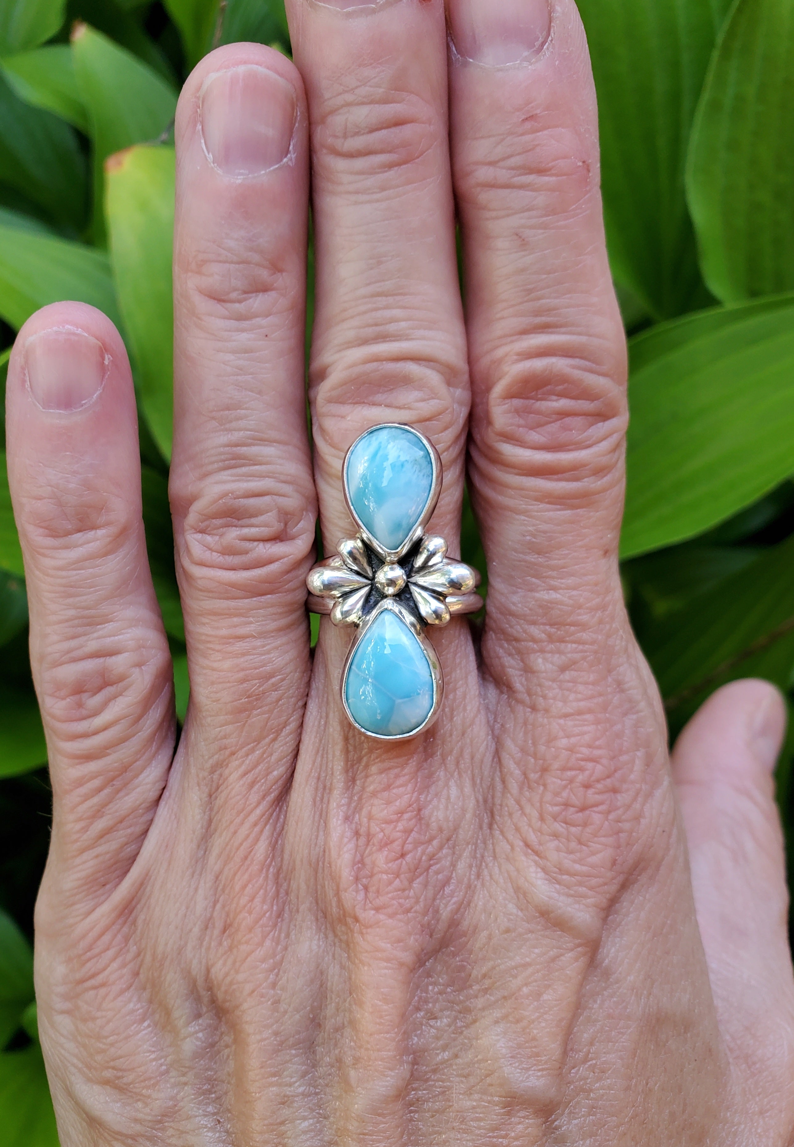 Larimar Sterling Silver Statement Ring with Teardrop Flower Detail & Split Shank. Size 7.