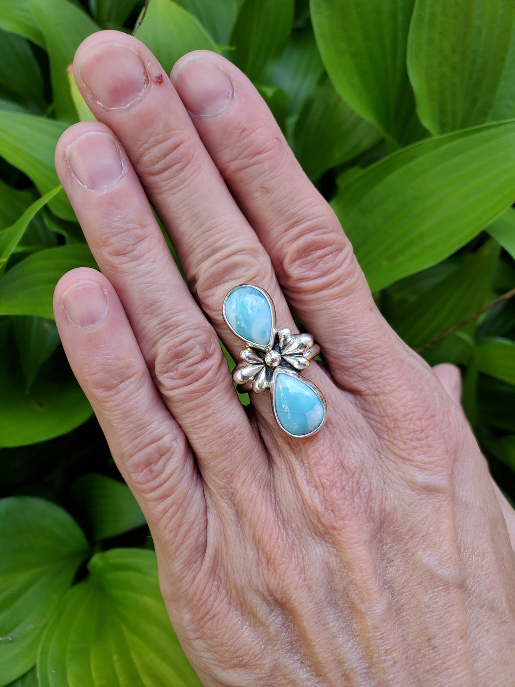 Larimar Sterling Silver Statement Ring with Teardrop Flower Detail & Split Shank. Size 7.
