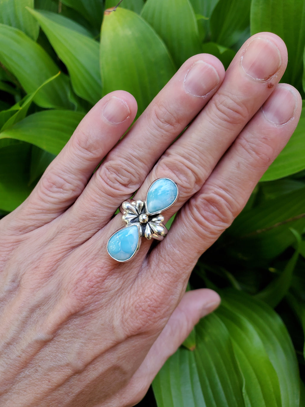 Larimar Sterling Silver Statement Ring with Teardrop Flower Detail & Split Shank. Size 7.