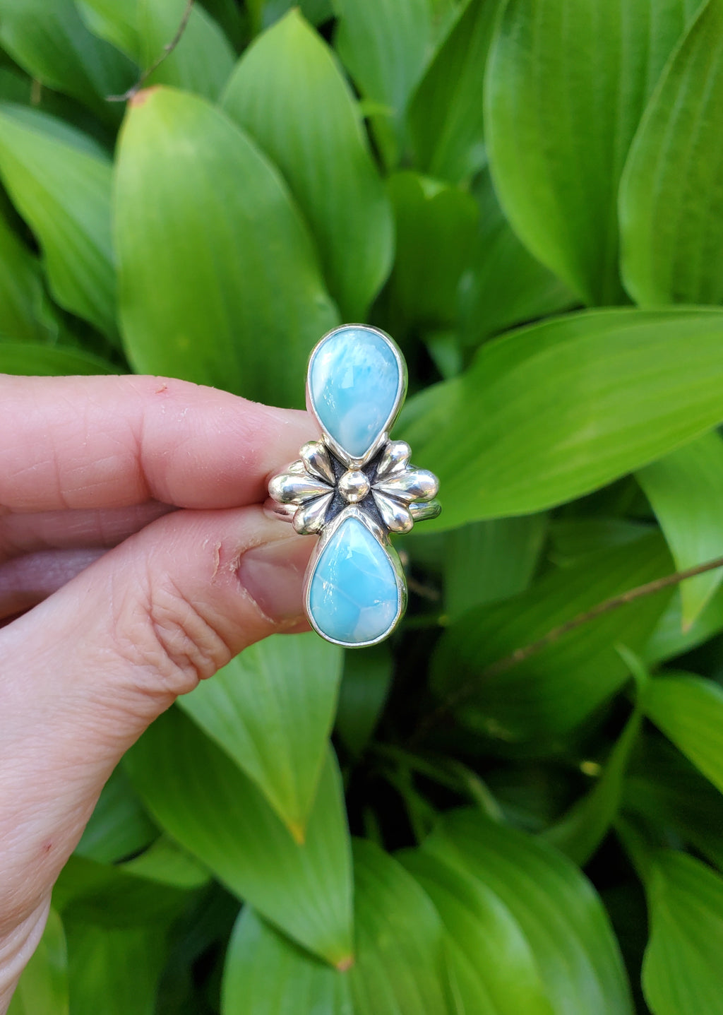 Larimar Sterling Silver Statement Ring with Teardrop Flower Detail & Split Shank. Size 7.