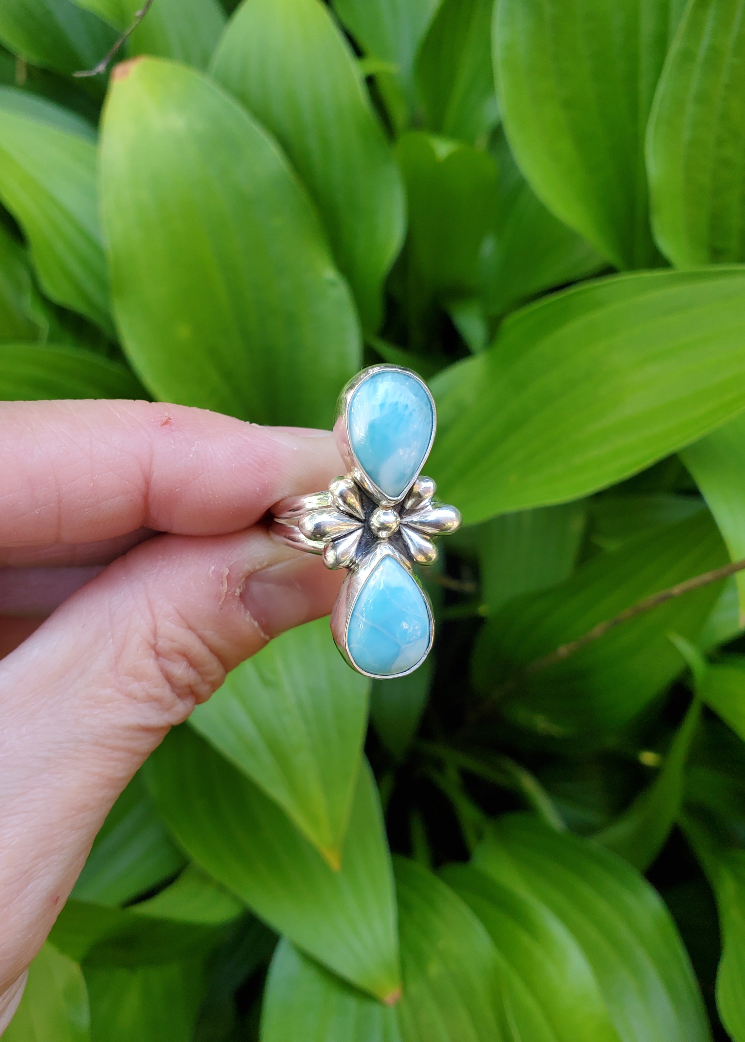 Larimar Sterling Silver Statement Ring with Teardrop Flower Detail & Split Shank. Size 7.