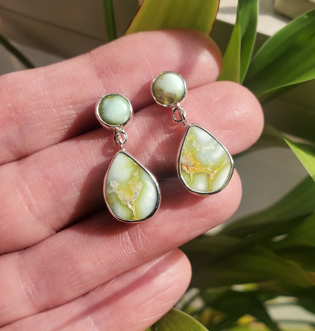 Palomino Variscite Teardrop Dangle Drop Stud Earrings in Solid Sterling Silver