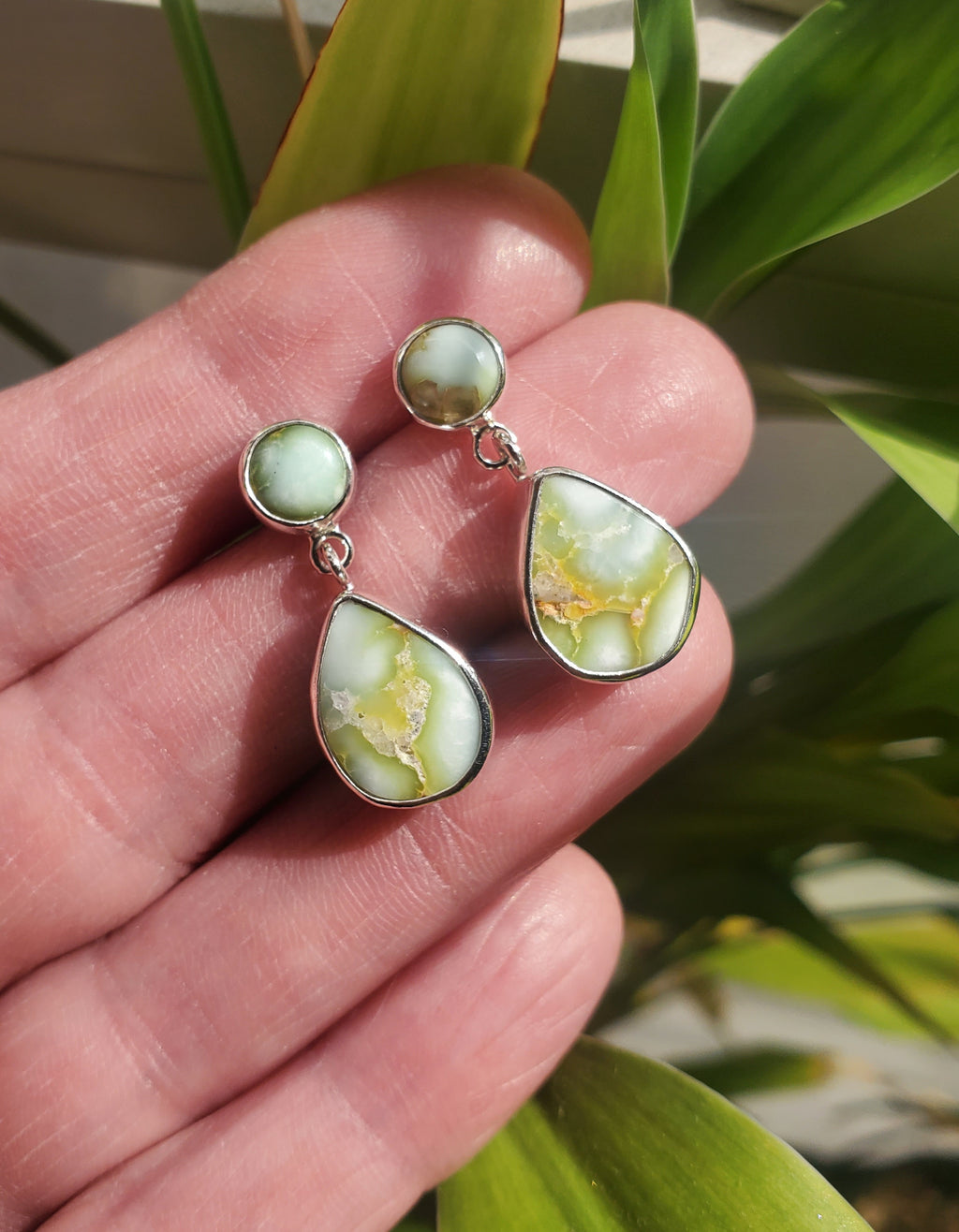 Palomino Variscite Teardrop Dangle Drop Stud Earrings in Solid Sterling Silver