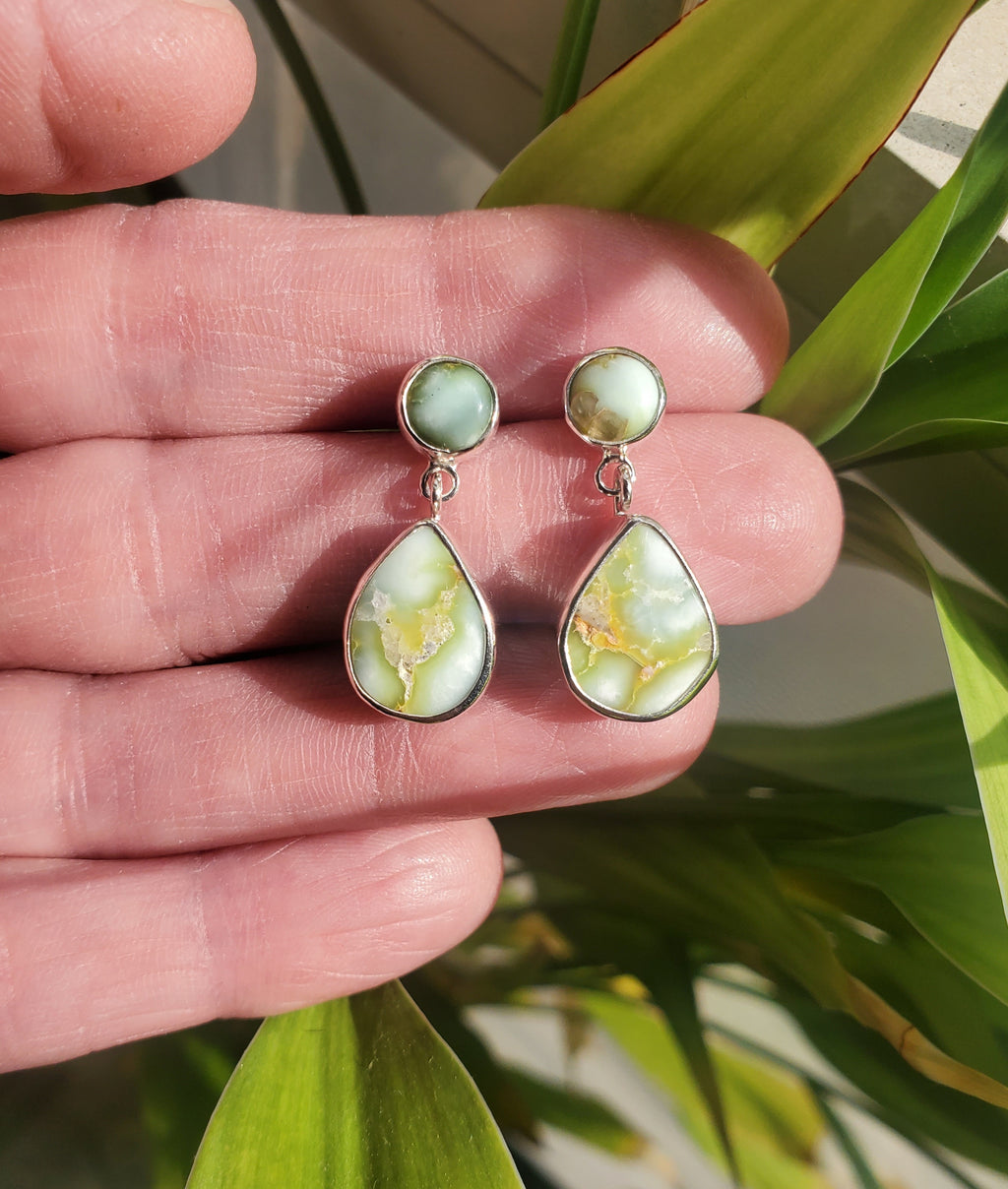 Palomino Variscite Teardrop Dangle Drop Stud Earrings in Solid Sterling Silver