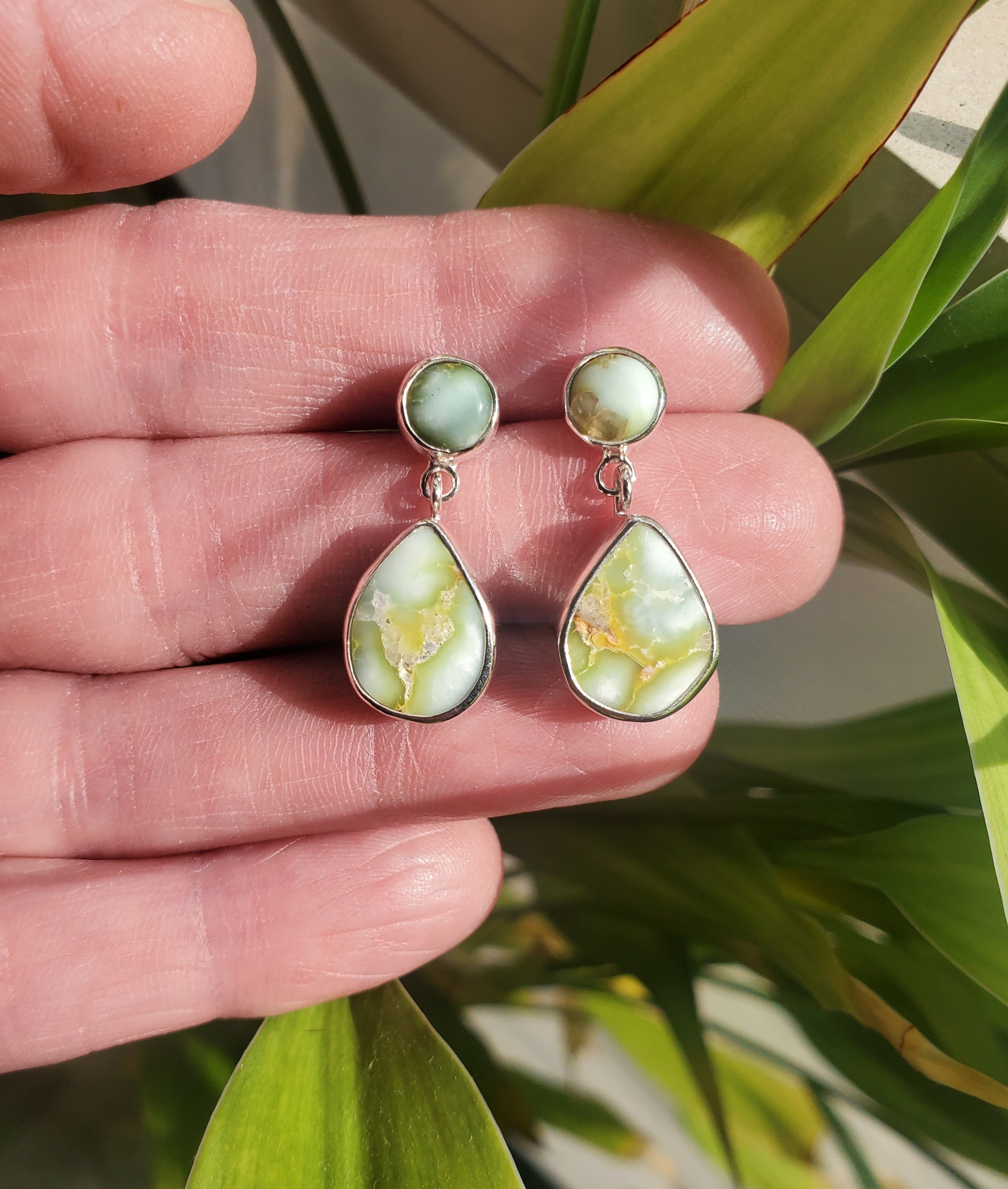 Palomino Variscite Teardrop Dangle Drop Stud Earrings in Solid Sterling Silver
