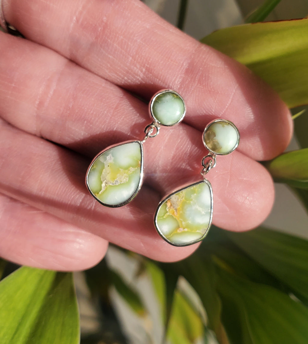 Palomino Variscite Teardrop Dangle Drop Stud Earrings in Solid Sterling Silver