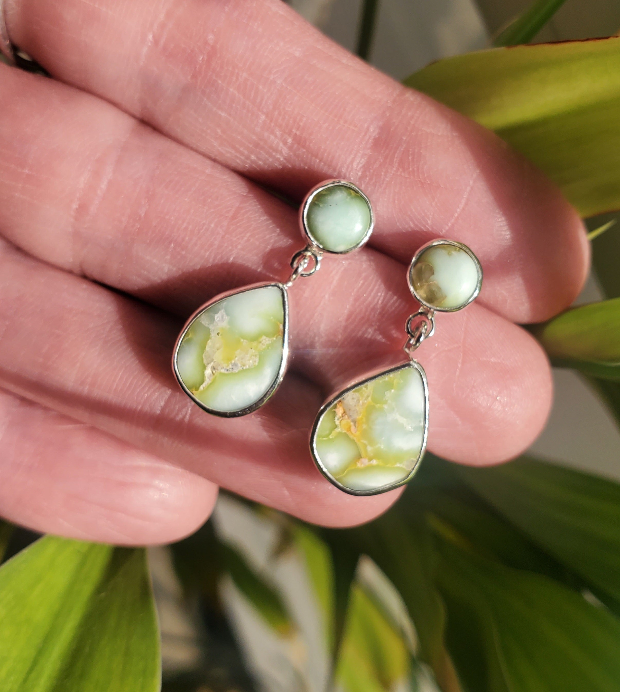 Palomino Variscite Teardrop Dangle Drop Stud Earrings in Solid Sterling Silver