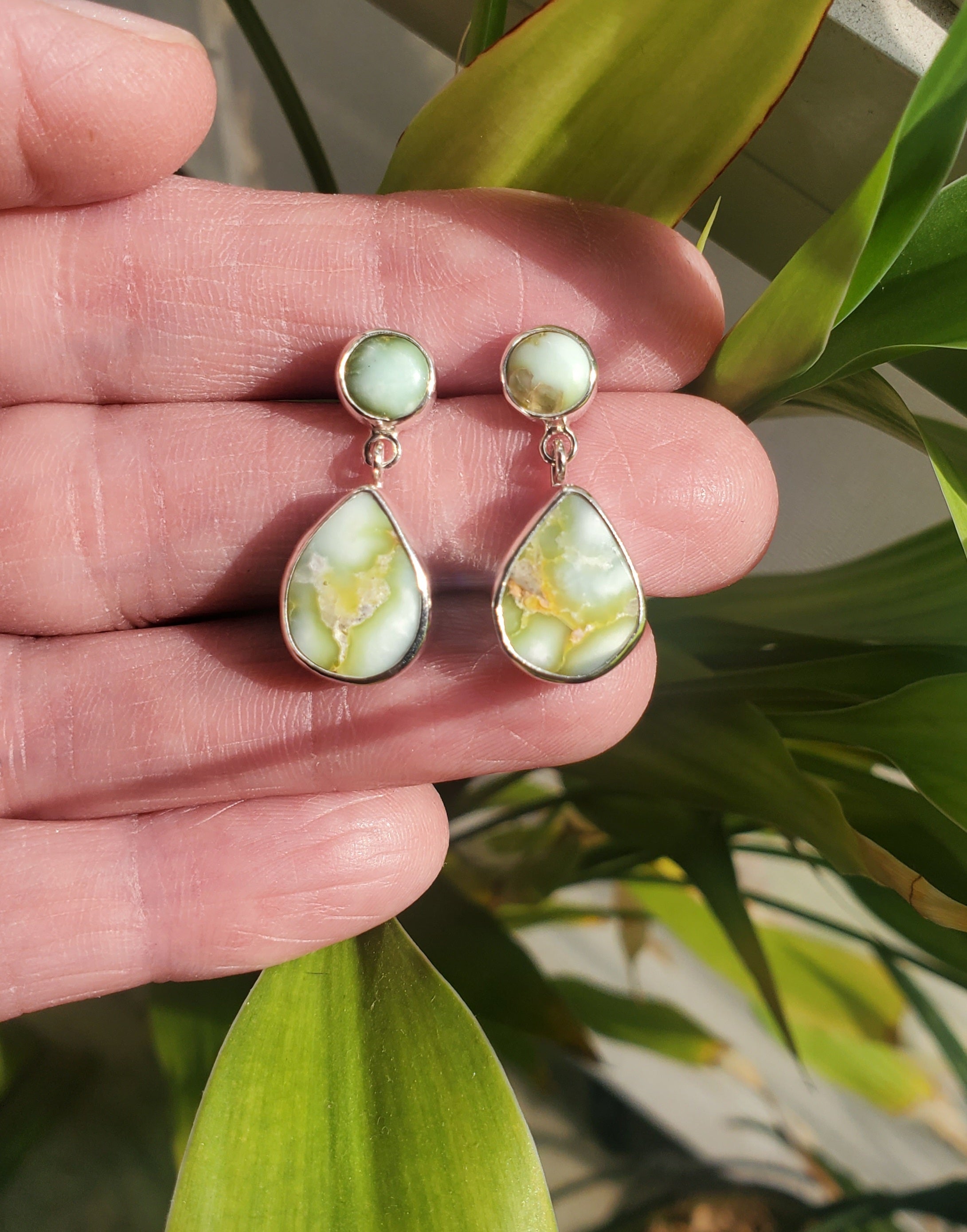 Palomino Variscite Teardrop Dangle Drop Stud Earrings in Solid Sterling Silver