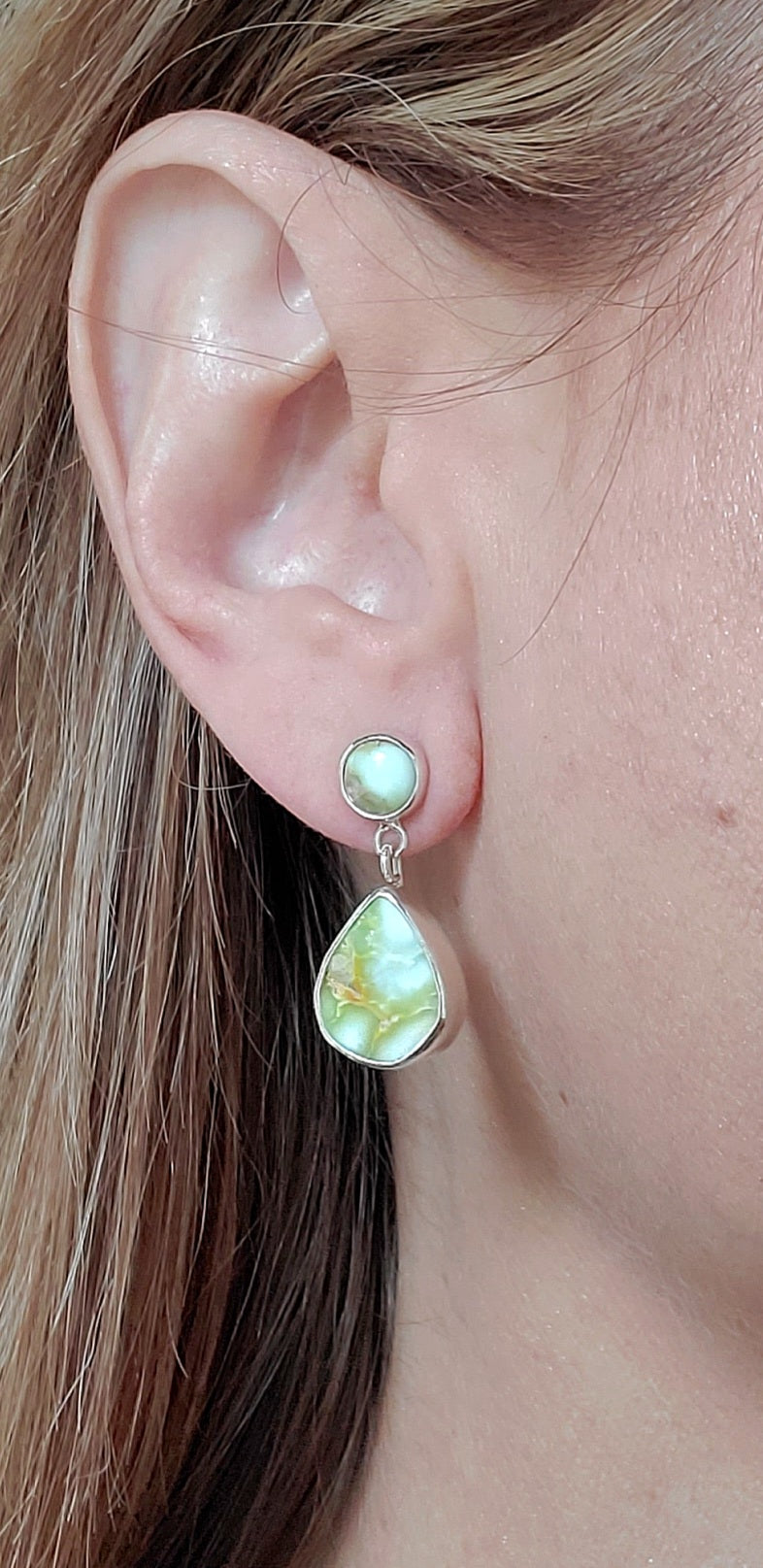 Palomino Variscite Teardrop Dangle Drop Stud Earrings in Solid Sterling Silver
