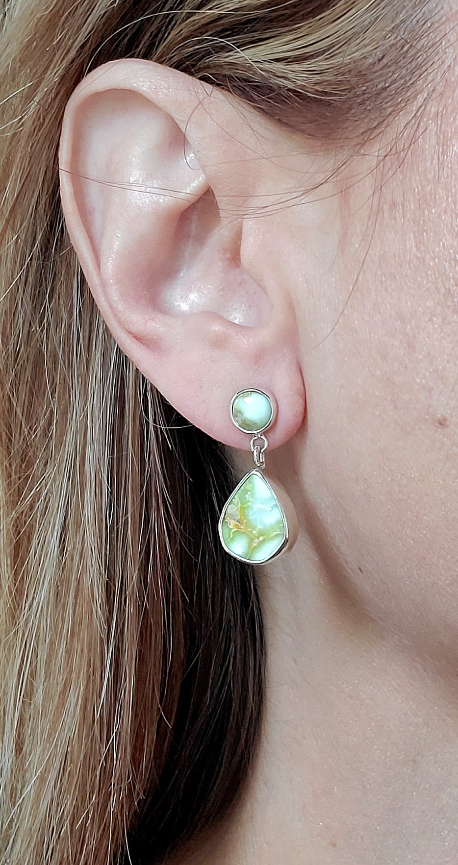 Palomino Variscite Teardrop Dangle Drop Stud Earrings in Solid Sterling Silver
