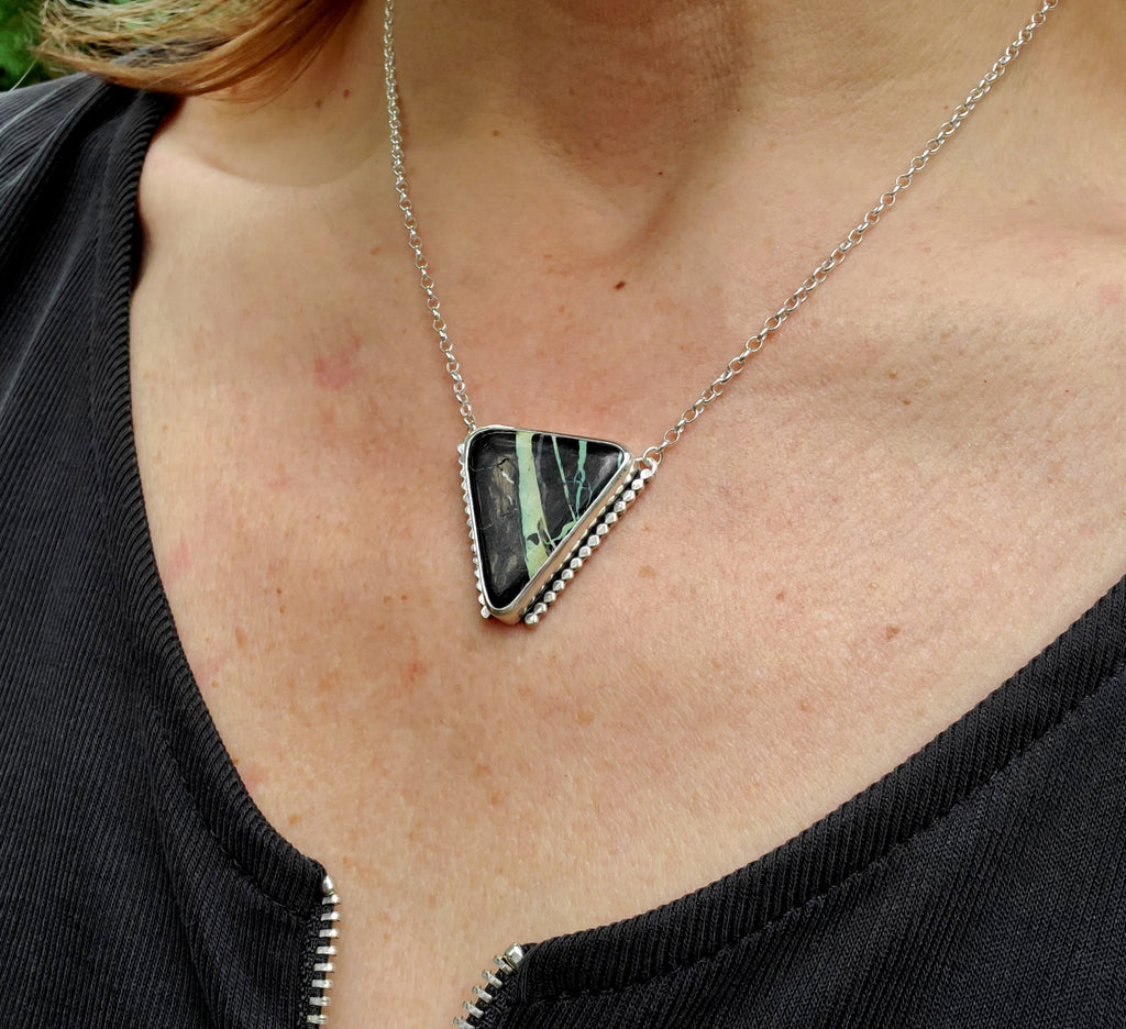 San Pedro Variscite Pendant Necklace Triangle Inverted Triangle Pendant in Solid Sterling Silver