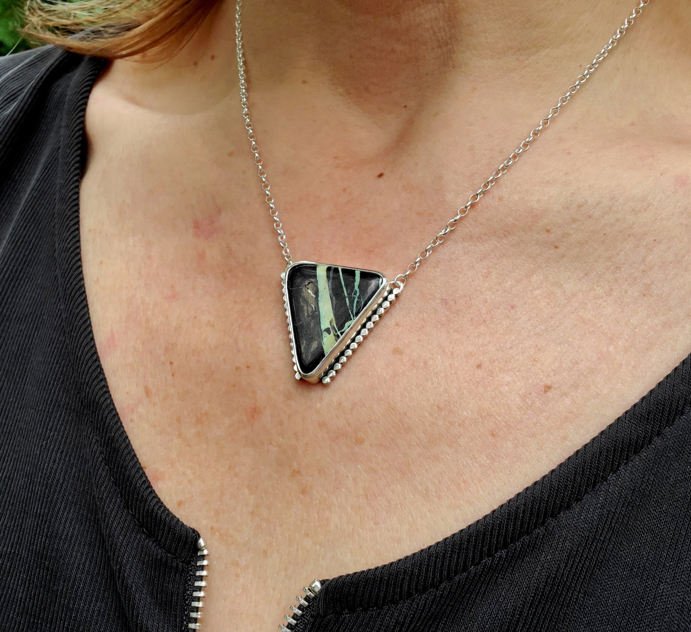 San Pedro Variscite Pendant Necklace Triangle Inverted Triangle Pendant in Solid Sterling Silver