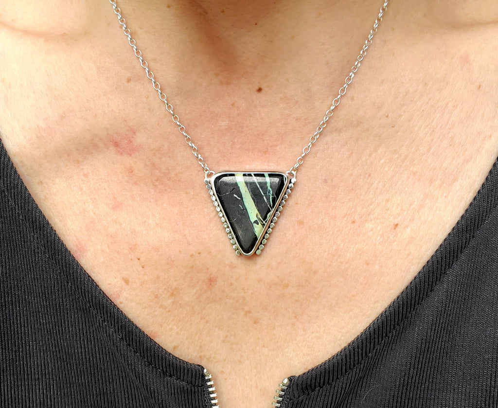 San Pedro Variscite Pendant Necklace Triangle Inverted Triangle Pendant in Solid Sterling Silver