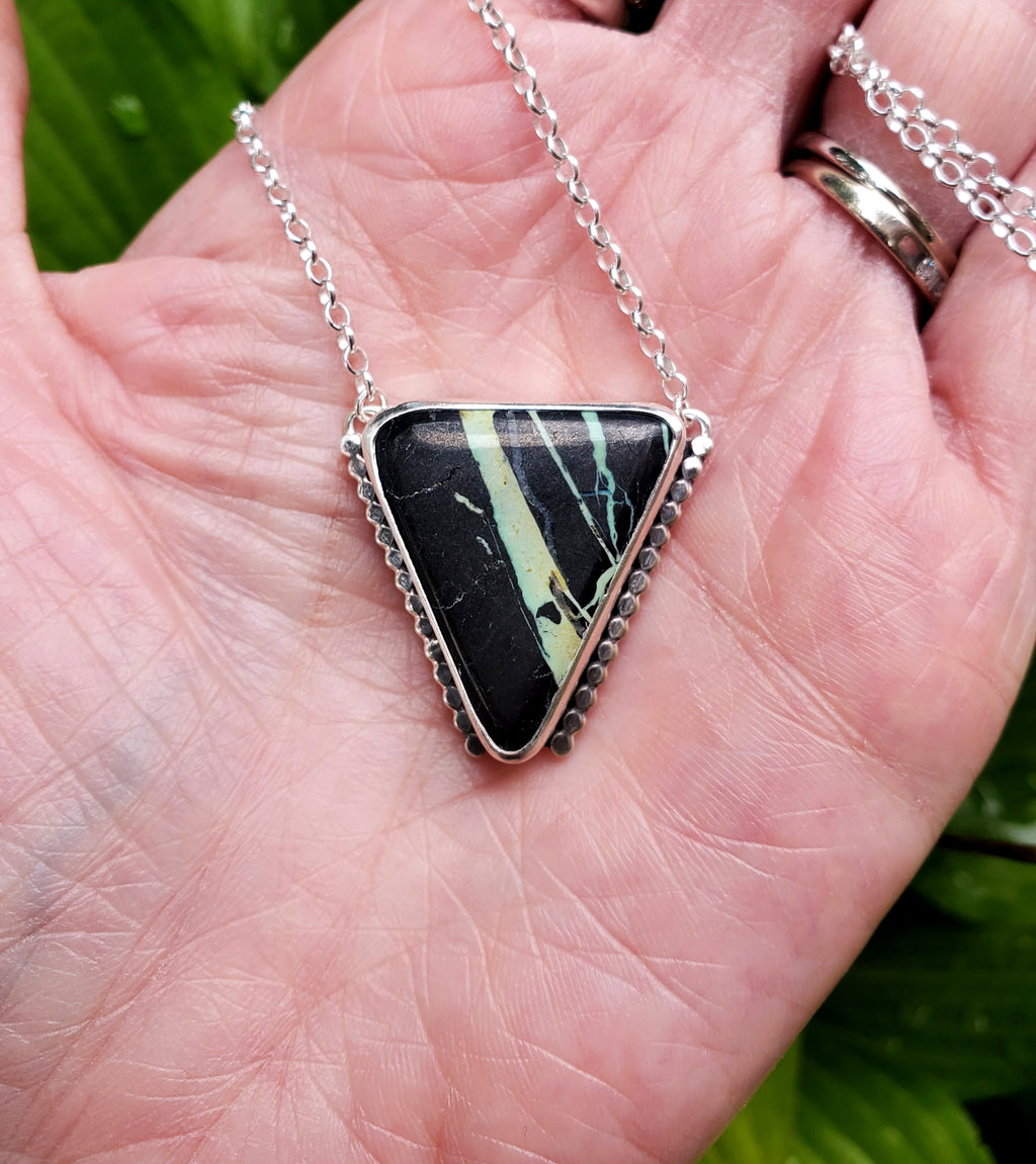 San Pedro Variscite Pendant Necklace Triangle Inverted Triangle Pendant in Solid Sterling Silver