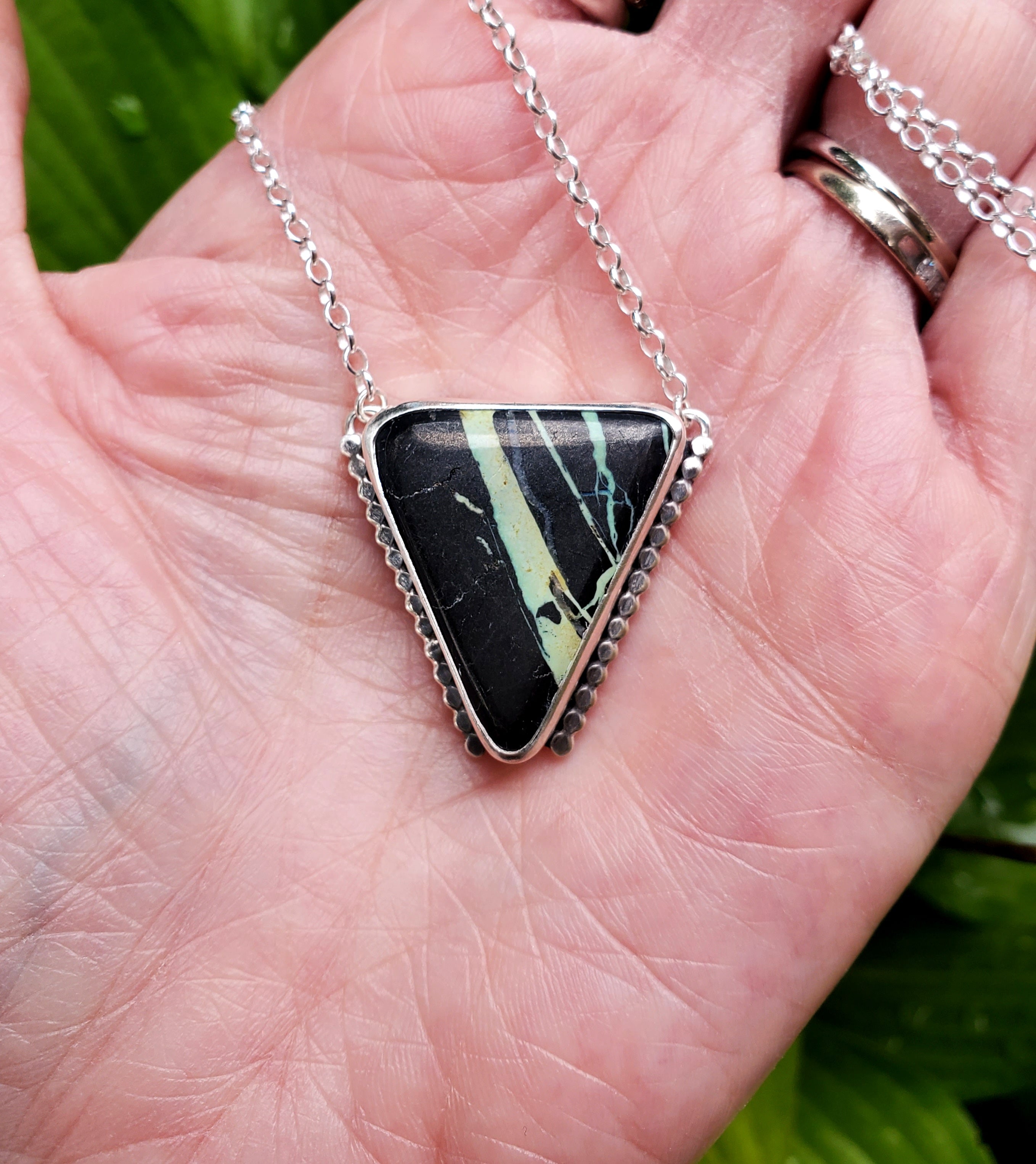 San Pedro Variscite Pendant Necklace Triangle Inverted Triangle Pendant in Solid Sterling Silver