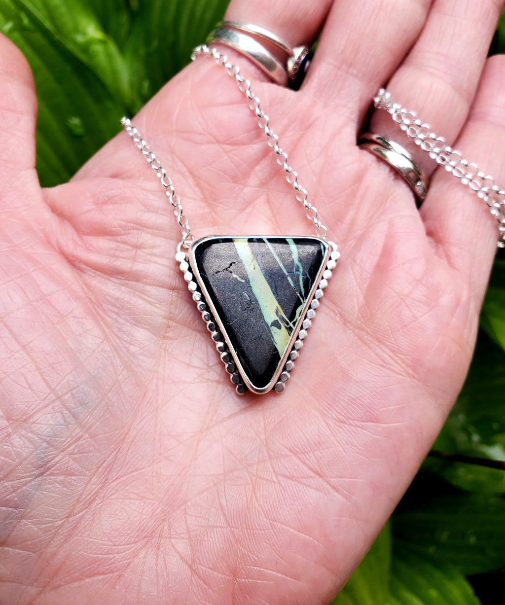 San Pedro Variscite Pendant Necklace Triangle Inverted Triangle Pendant in Solid Sterling Silver