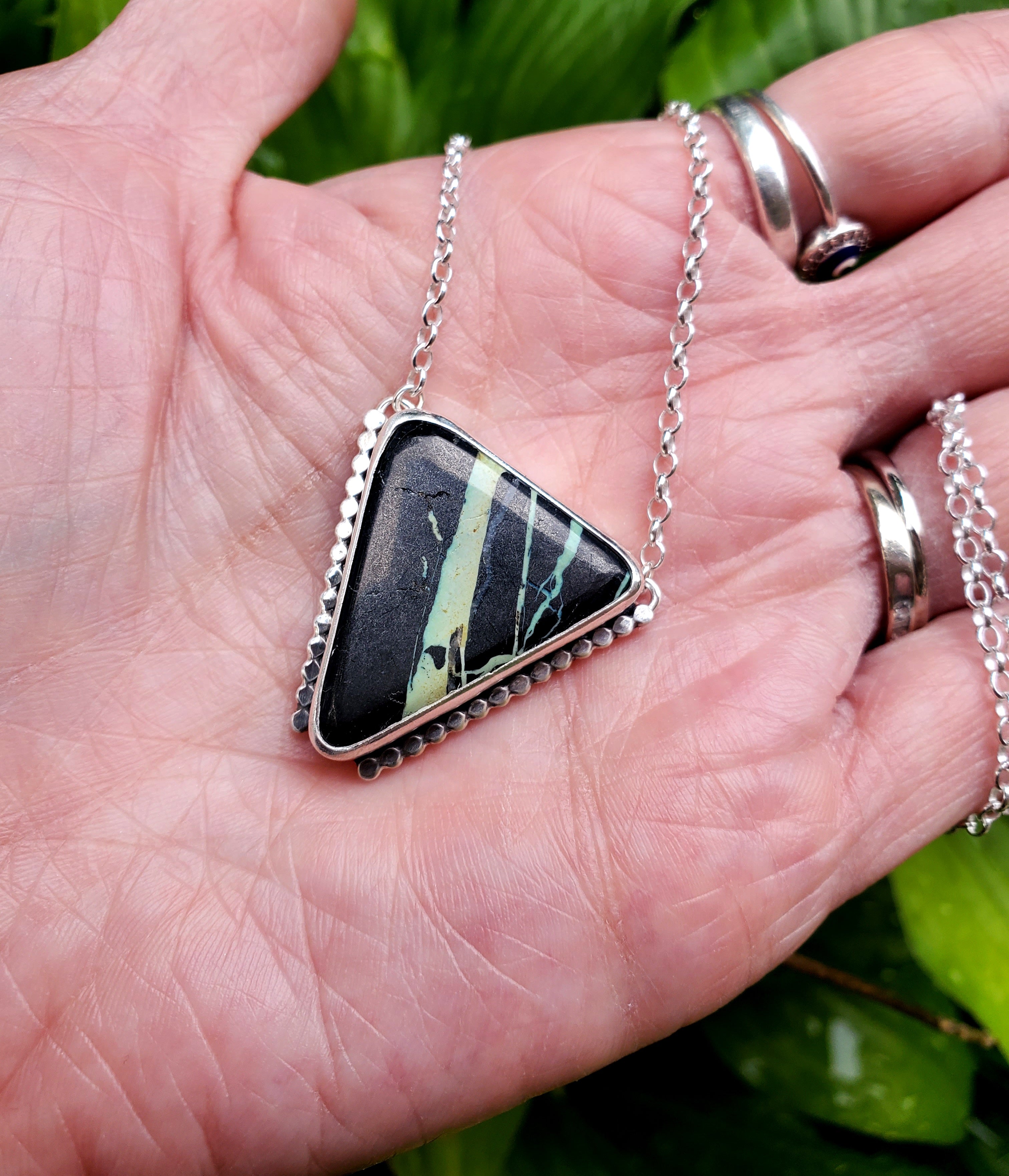 San Pedro Variscite Pendant Necklace Triangle Inverted Triangle Pendant in Solid Sterling Silver