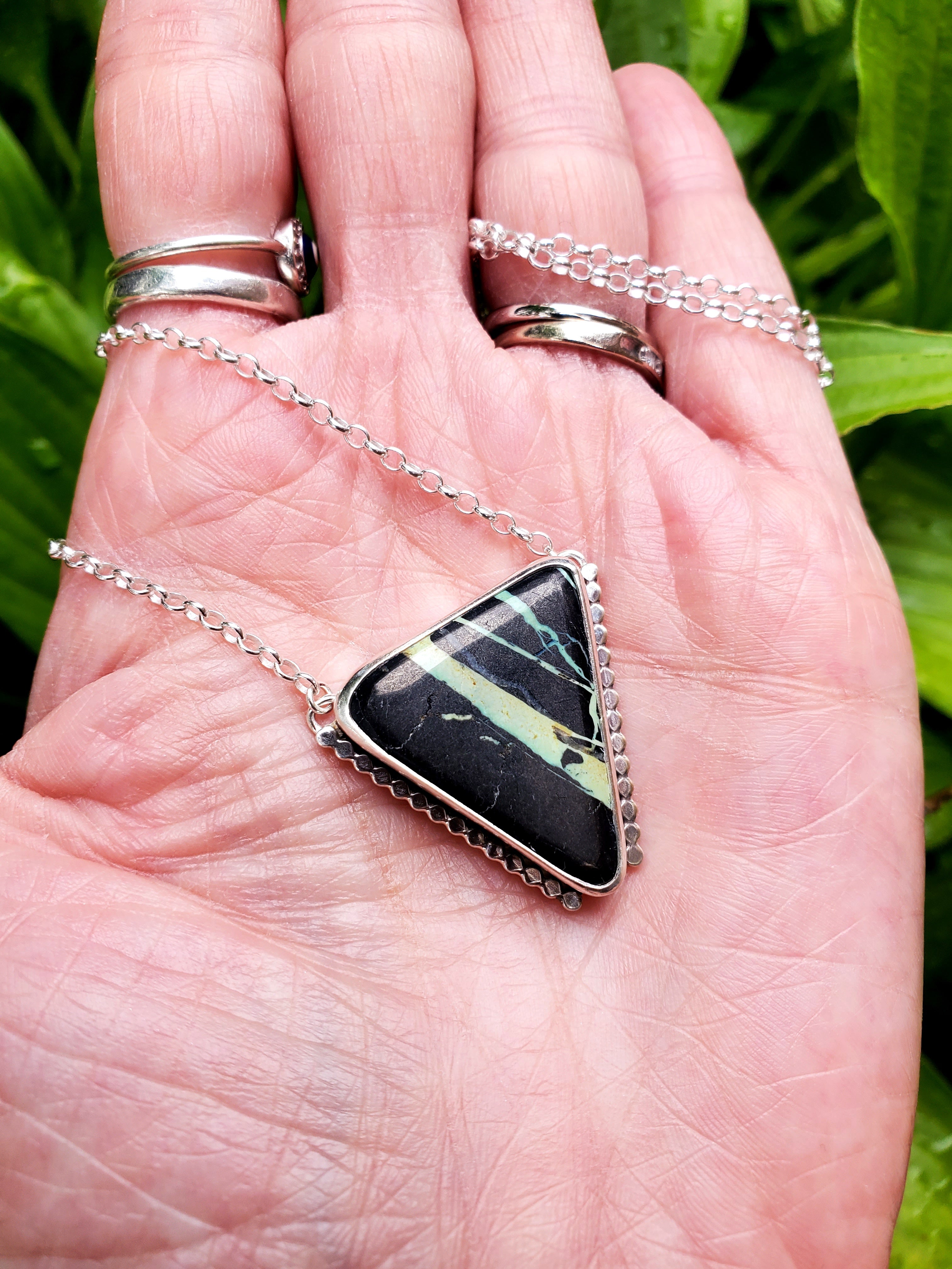 San Pedro Variscite Pendant Necklace Triangle Inverted Triangle Pendant in Solid Sterling Silver
