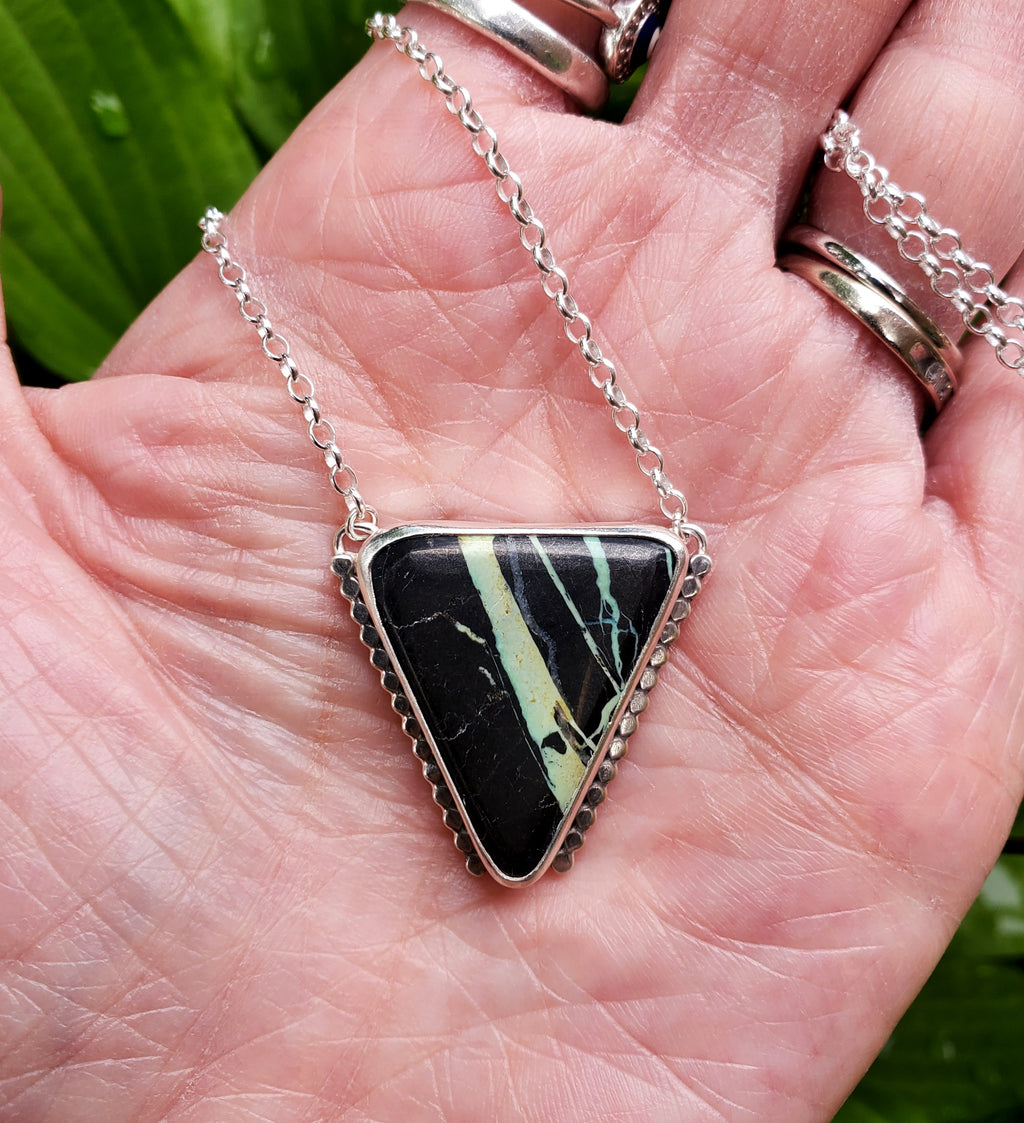 San Pedro Variscite Pendant Necklace Triangle Inverted Triangle Pendant in Solid Sterling Silver