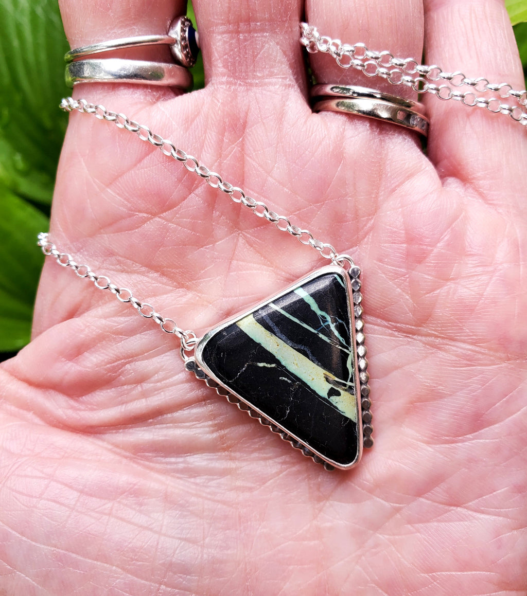 San Pedro Variscite Pendant Necklace Triangle Inverted Triangle Pendant in Solid Sterling Silver