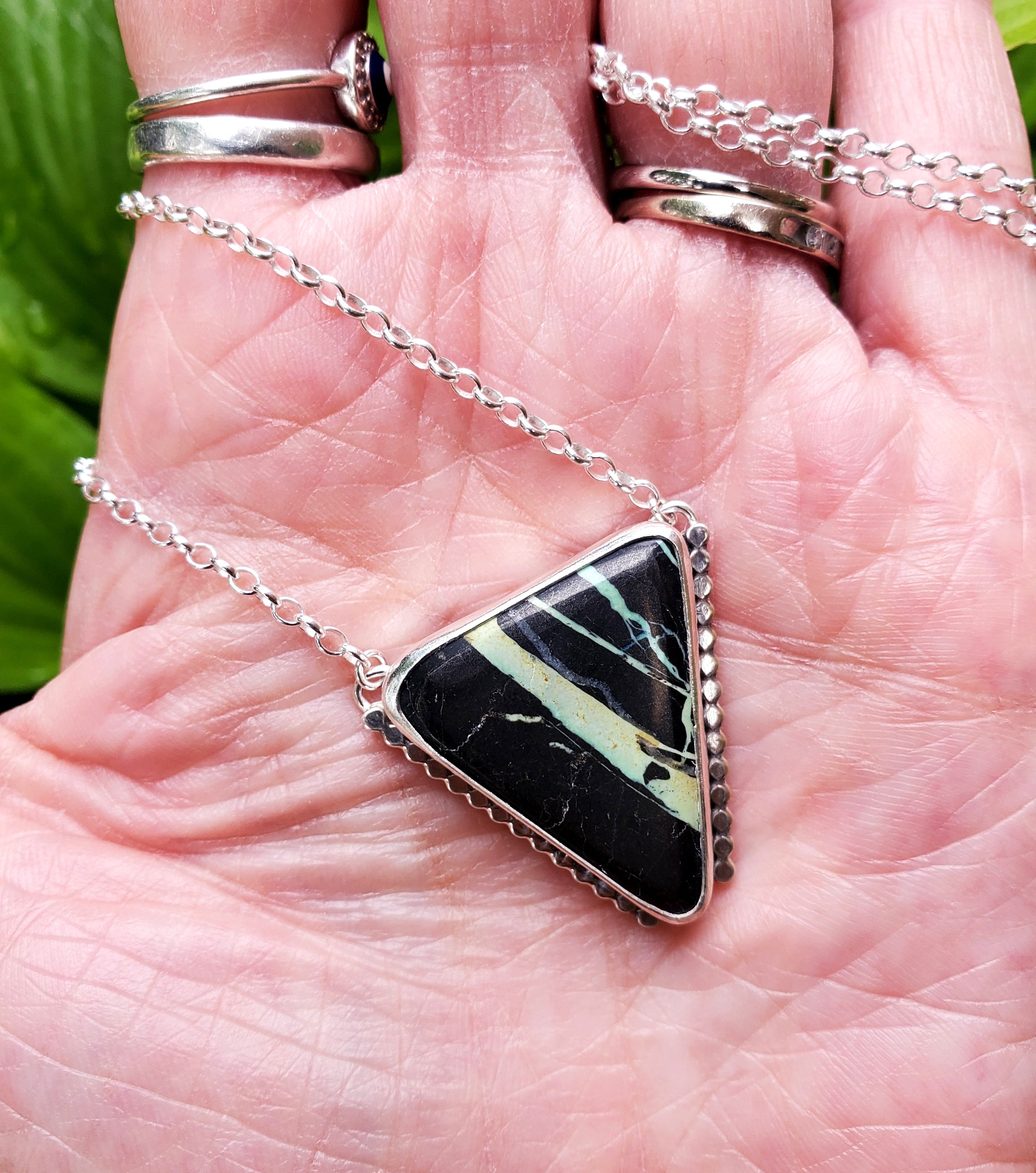 San Pedro Variscite Pendant Necklace Triangle Inverted Triangle Pendant in Solid Sterling Silver