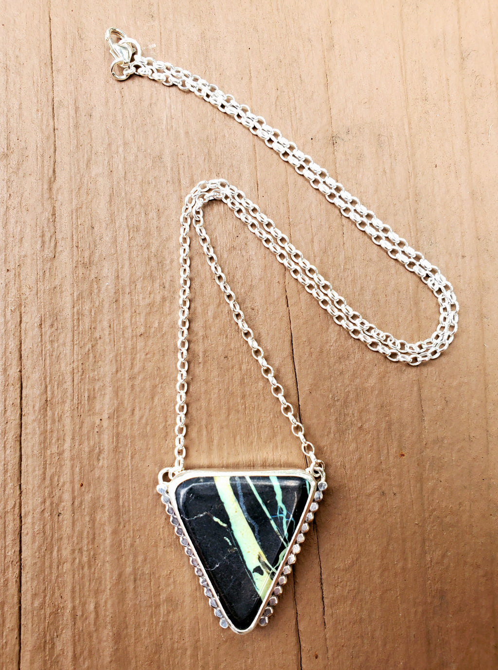 San Pedro Variscite Pendant Necklace Triangle Inverted Triangle Pendant in Solid Sterling Silver
