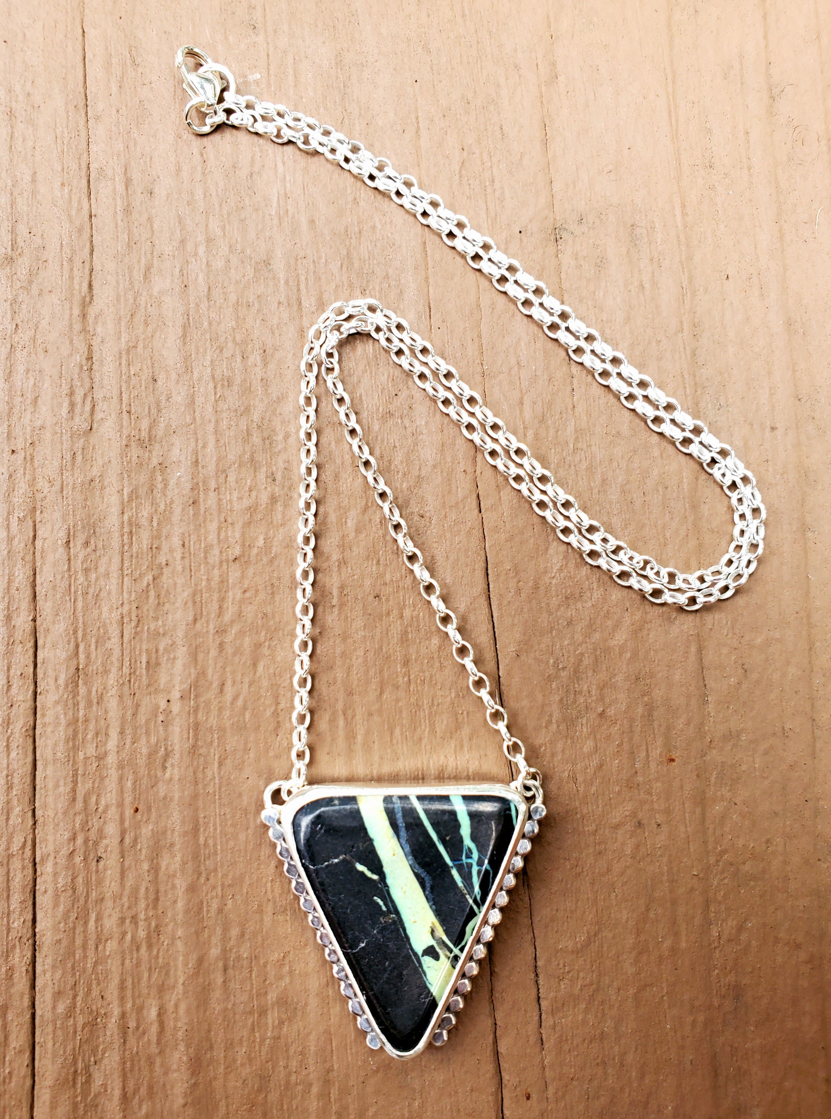 San Pedro Variscite Pendant Necklace Triangle Inverted Triangle Pendant in Solid Sterling Silver
