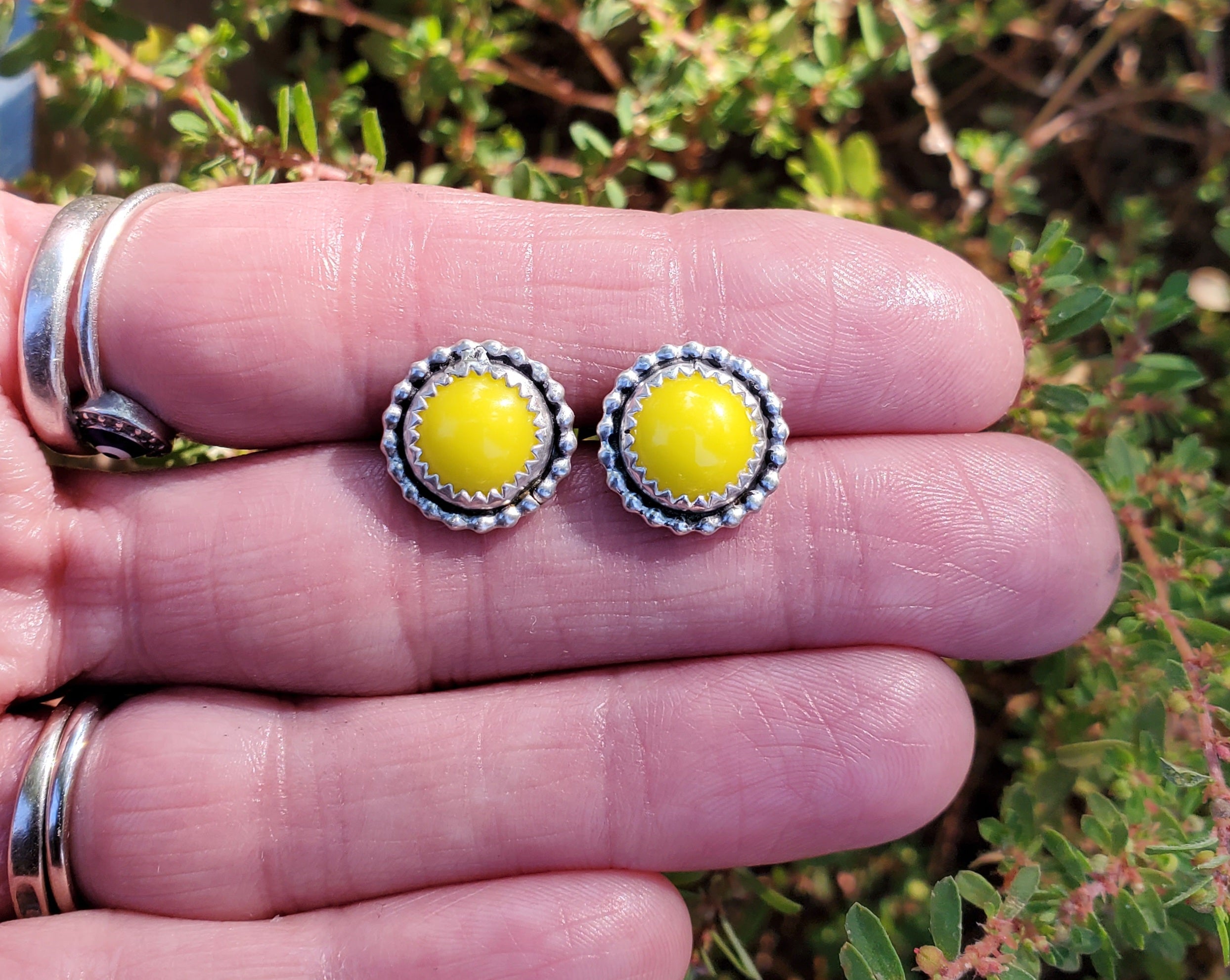 Yellow Rosarita Round Stud Earrings in Solid Sterling Silver with beautiful beaded detail