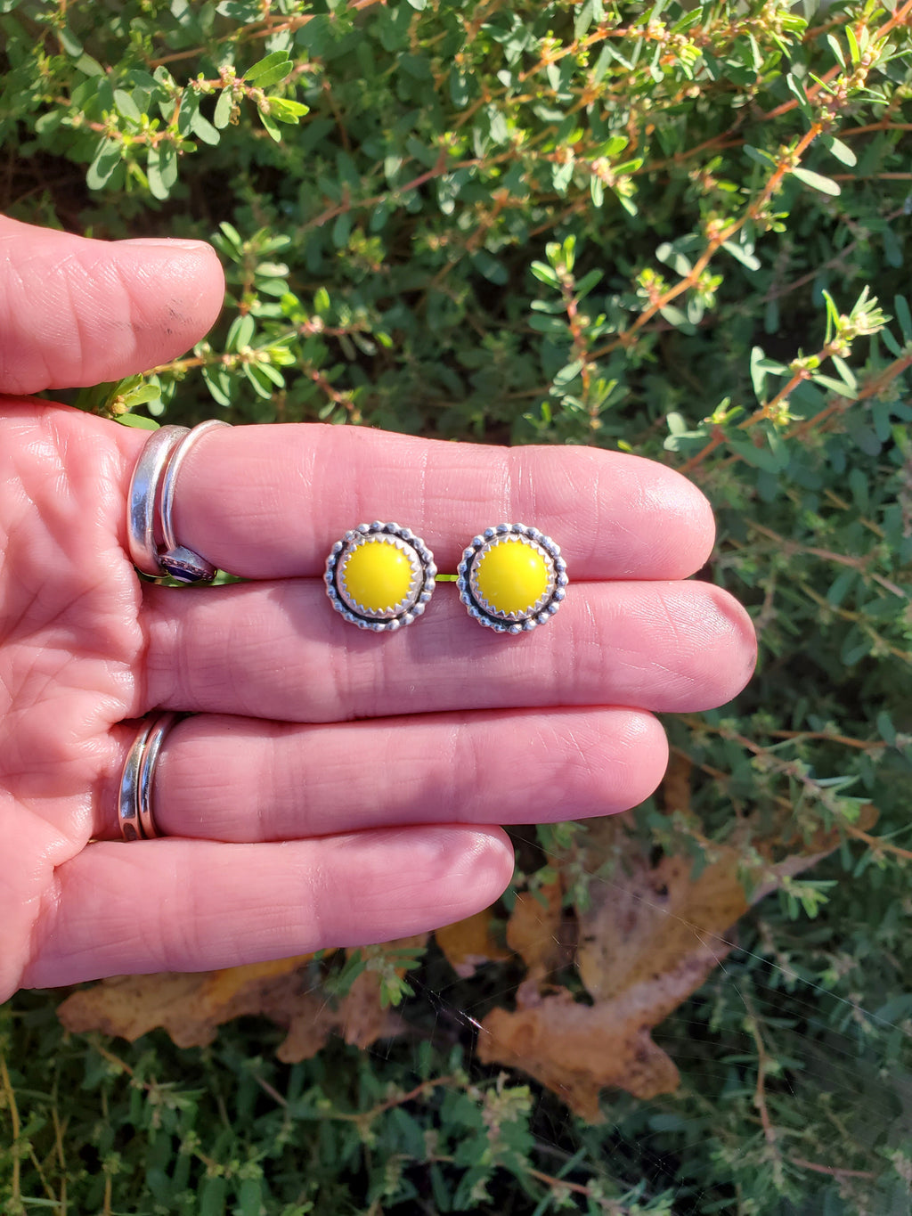 Yellow Rosarita Round Stud Earrings in Solid Sterling Silver with beautiful beaded detail