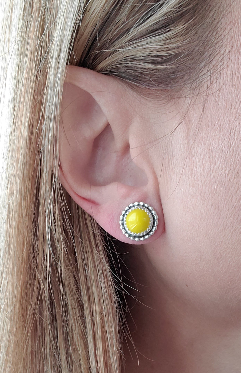 Yellow Rosarita Round Stud Earrings in Solid Sterling Silver with beautiful beaded detail