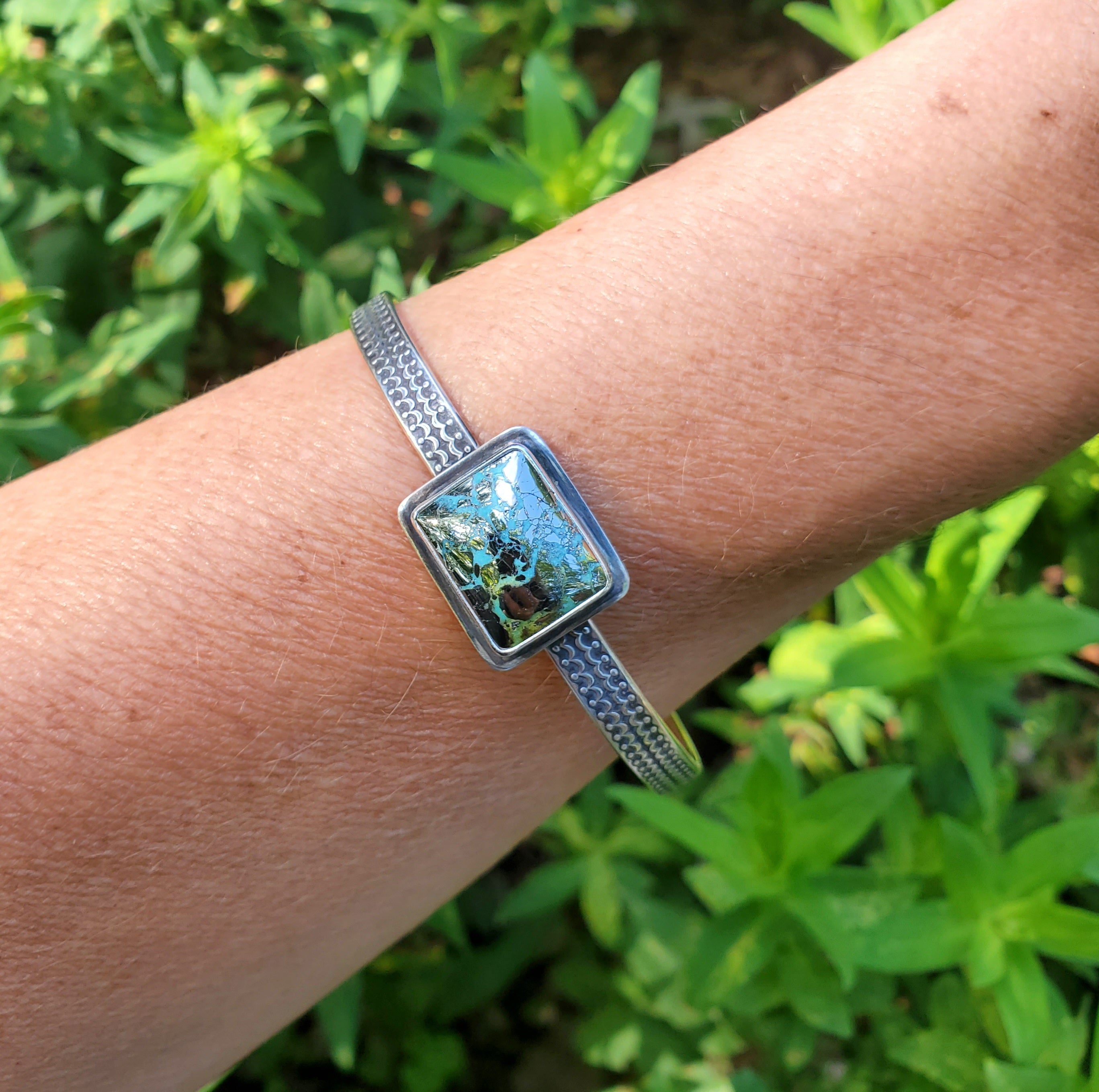 Nacozari Turquoise aka Morenci2 Turquoise w/Pyrite Cuff Bracelet in Solid Sterling Silver!
