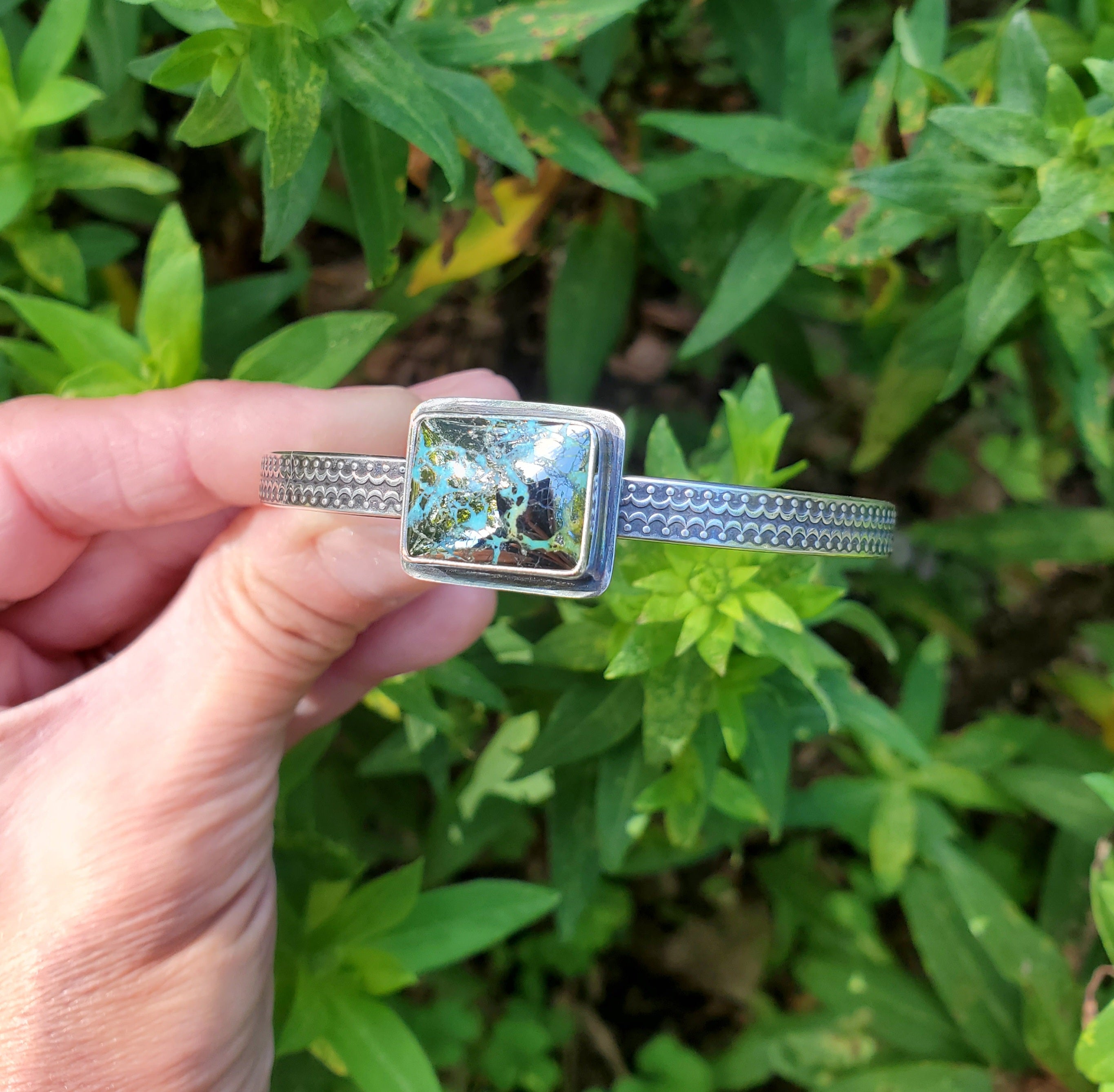 Nacozari Turquoise aka Morenci2 Turquoise w/Pyrite Cuff Bracelet in Solid Sterling Silver!