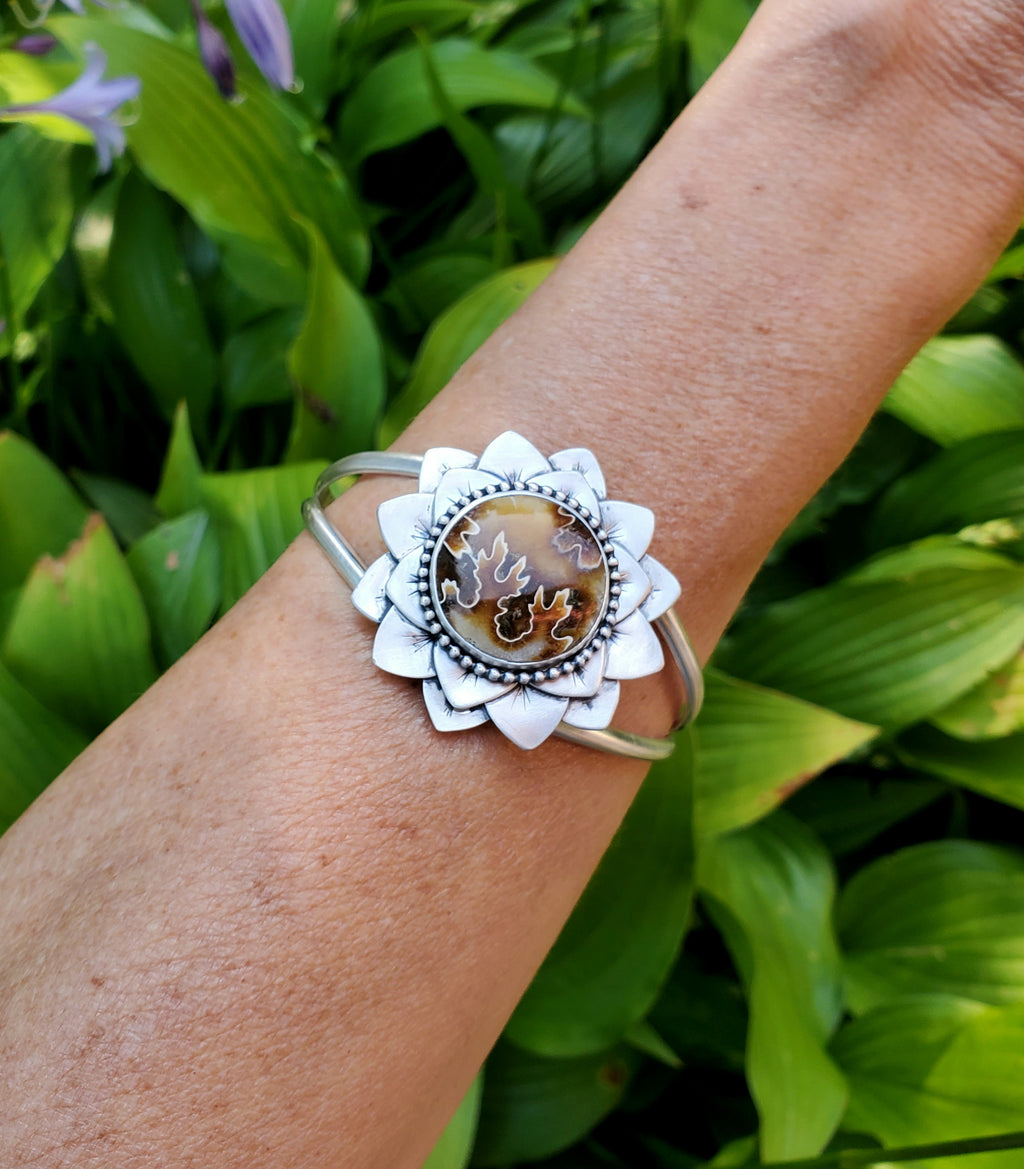 Gorgeous Suture Ammonite Flower Bloom Cuff in Solid Sterling Silver