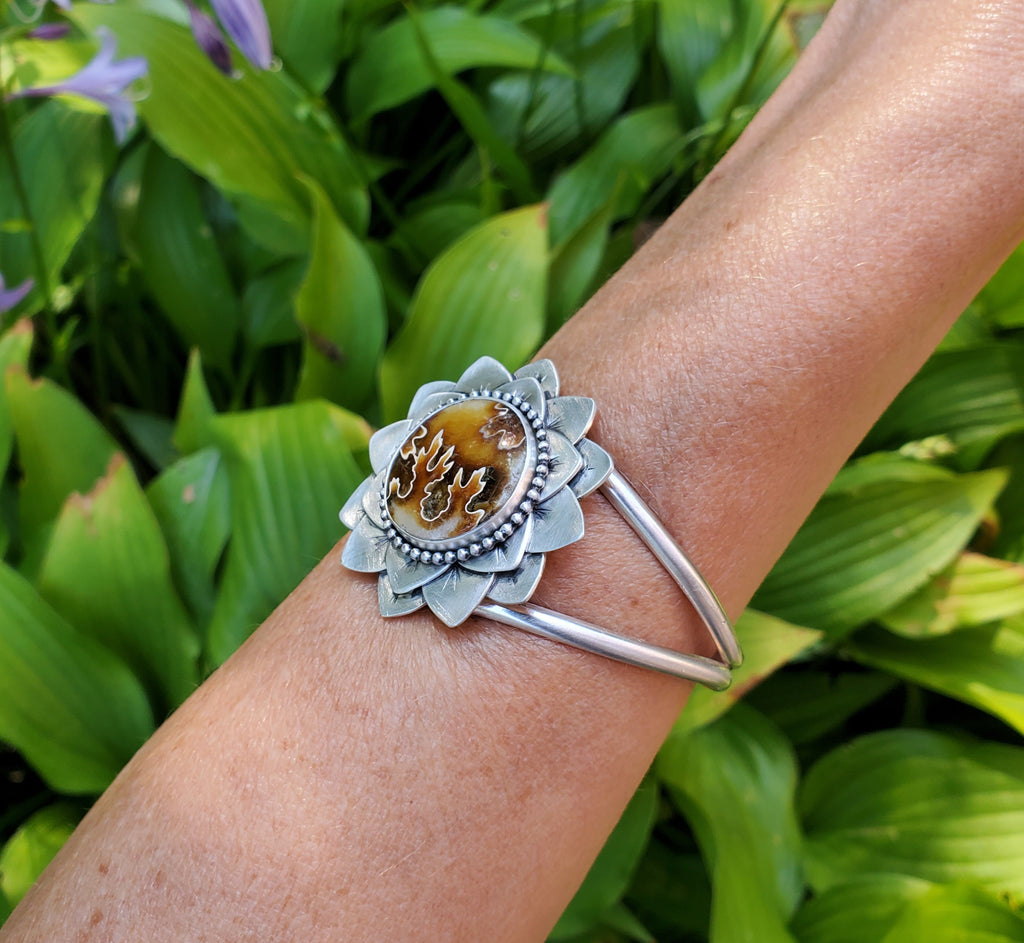 Gorgeous Suture Ammonite Flower Bloom Cuff in Solid Sterling Silver