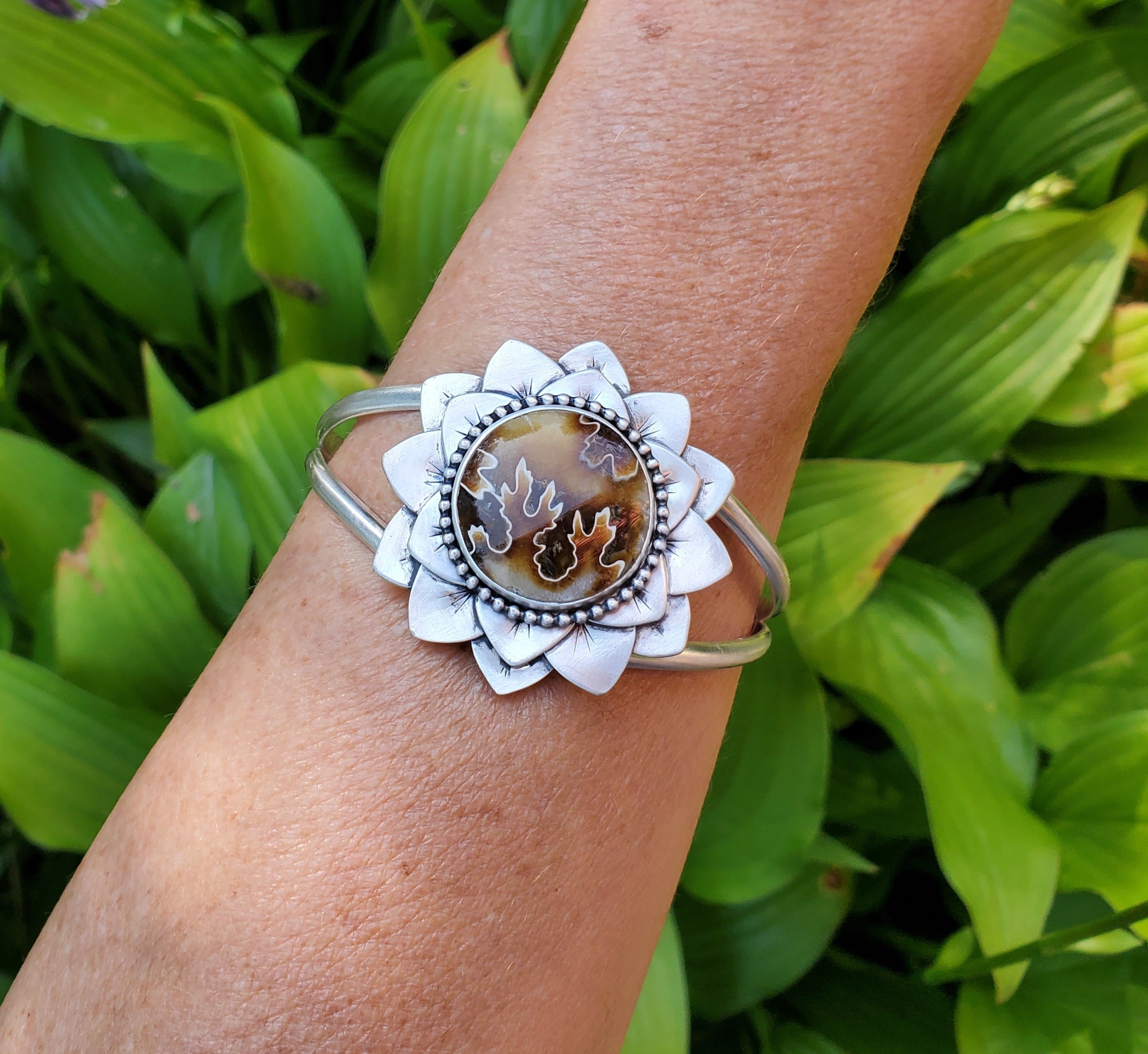 Gorgeous Suture Ammonite Flower Bloom Cuff in Solid Sterling Silver