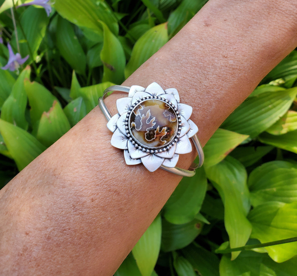 Gorgeous Suture Ammonite Flower Bloom Cuff in Solid Sterling Silver