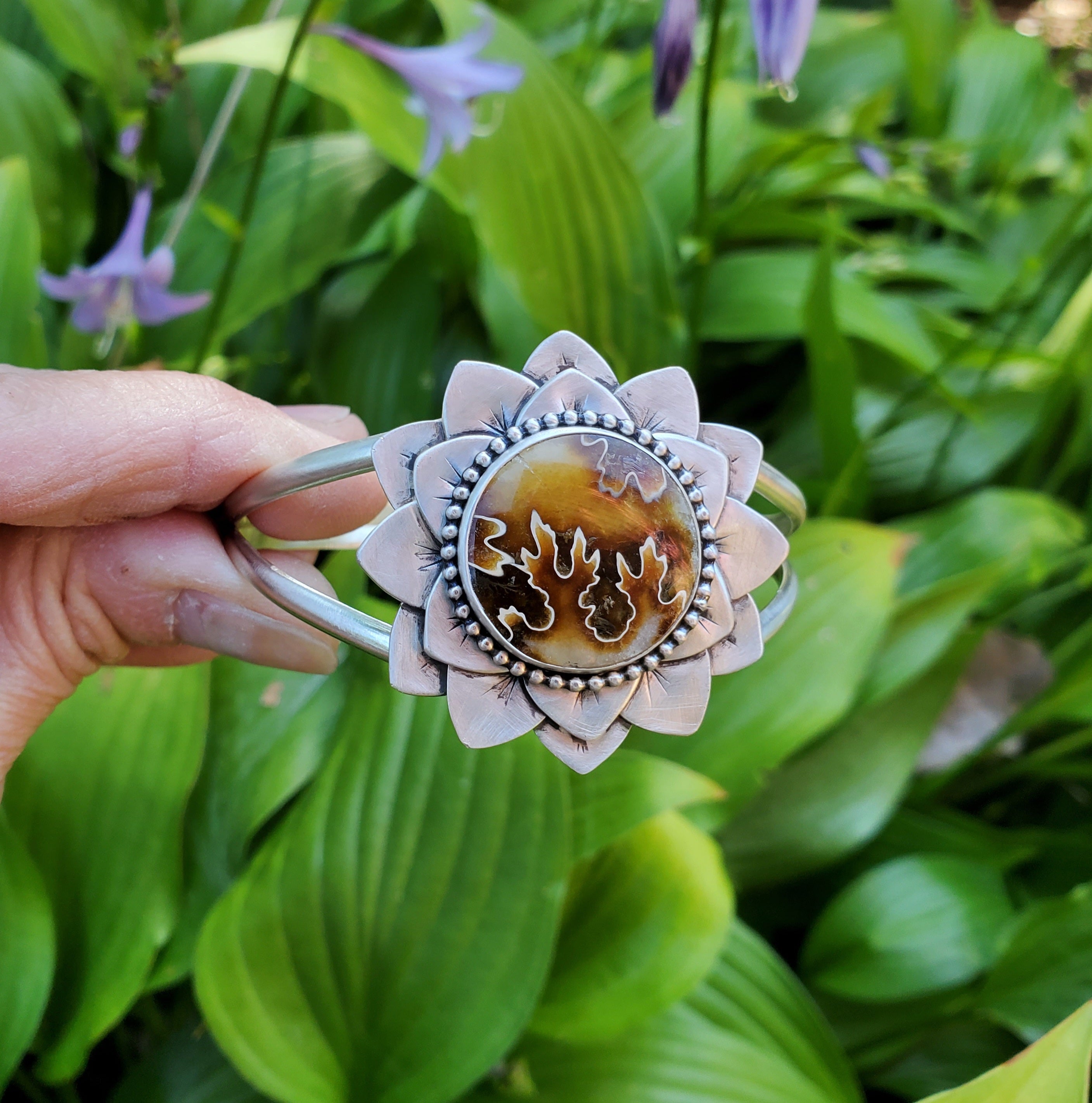 Gorgeous Suture Ammonite Flower Bloom Cuff in Solid Sterling Silver