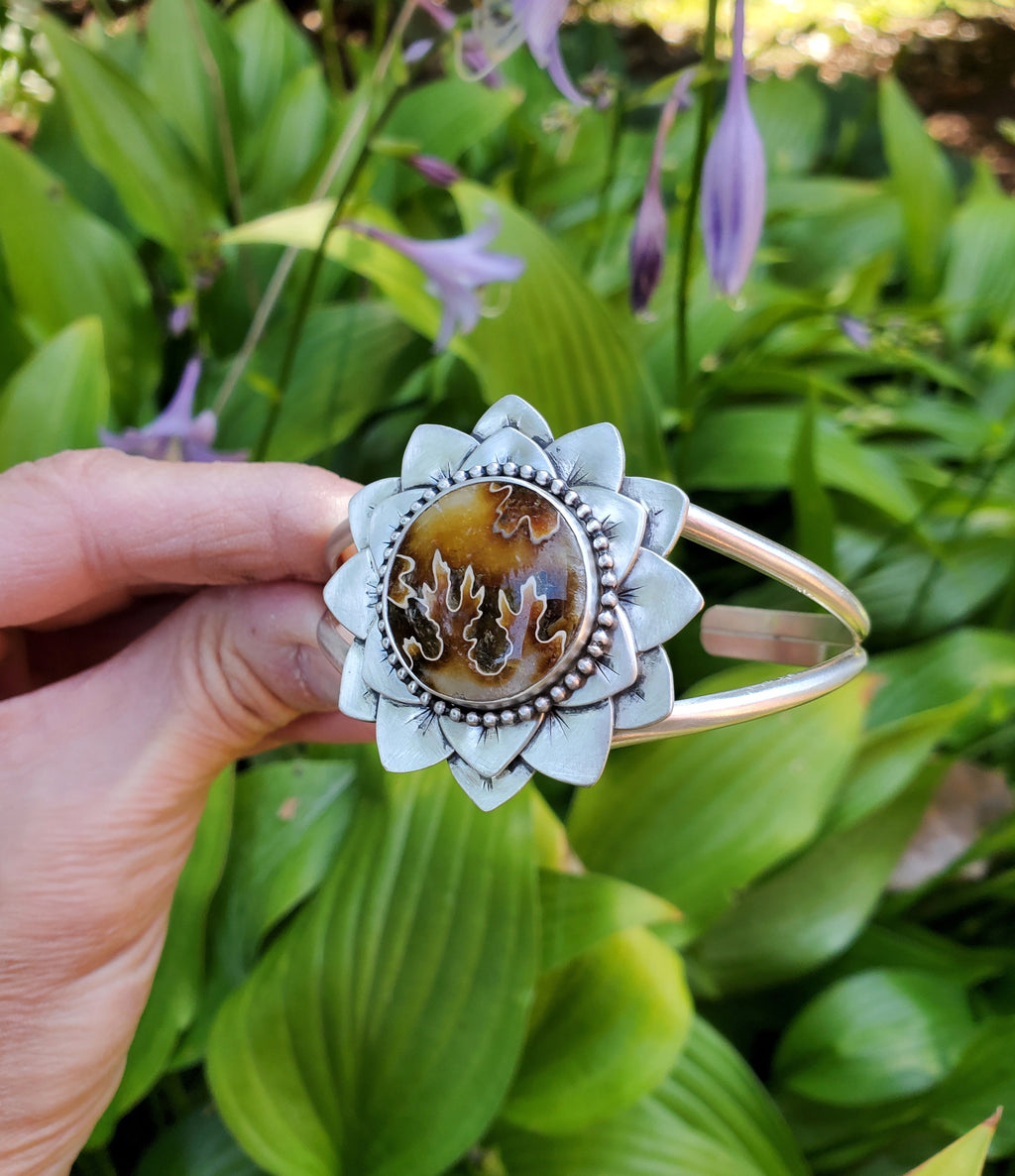 Gorgeous Suture Ammonite Flower Bloom Cuff in Solid Sterling Silver