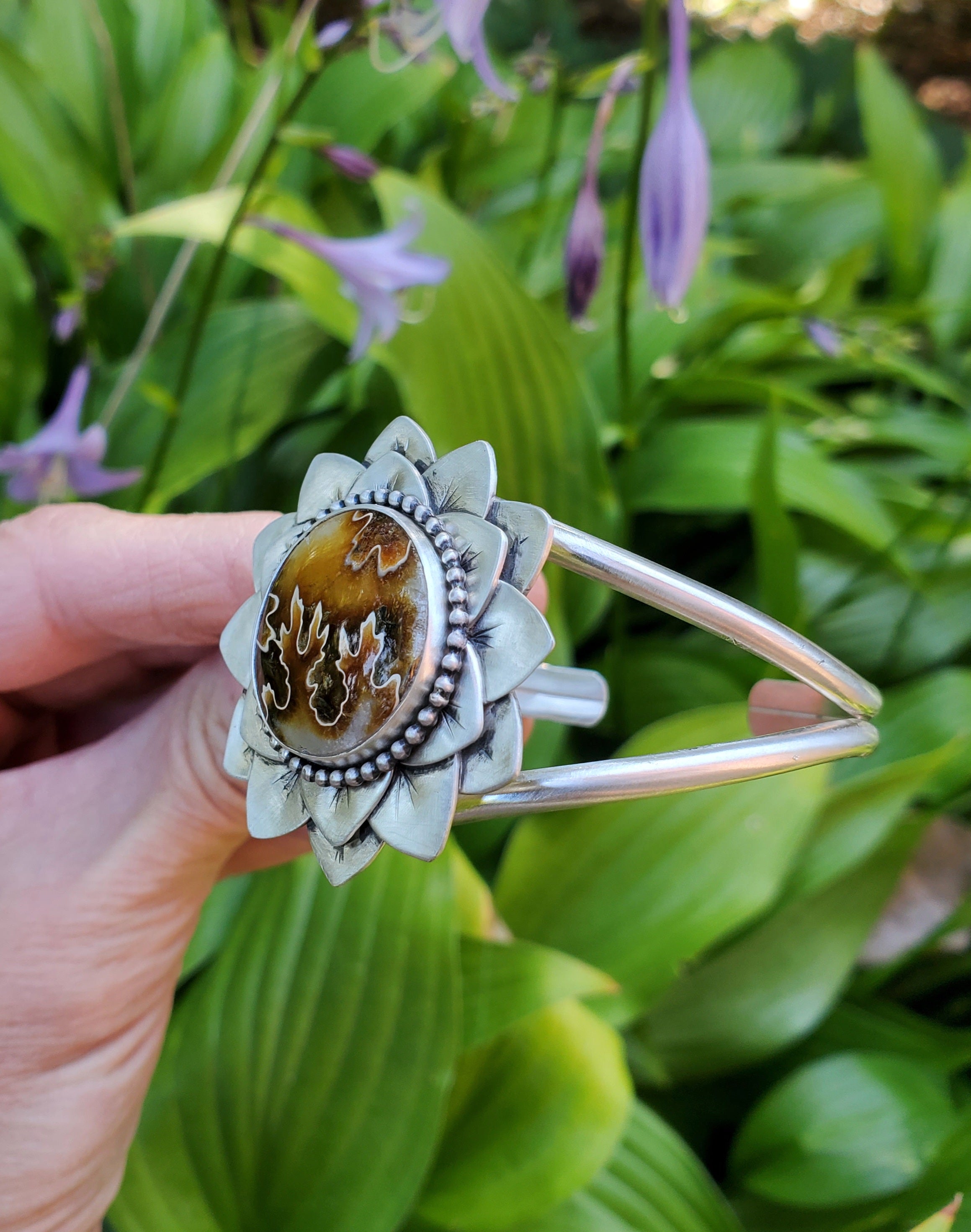 Gorgeous Suture Ammonite Flower Bloom Cuff in Solid Sterling Silver