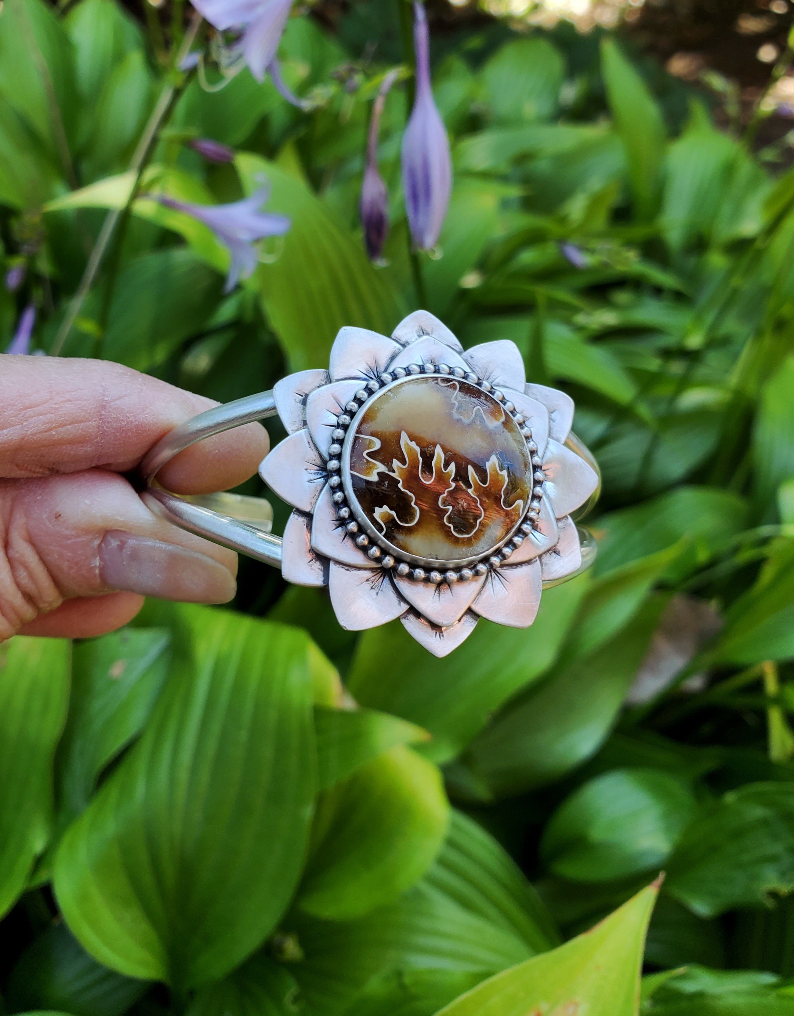 Gorgeous Suture Ammonite Flower Bloom Cuff in Solid Sterling Silver