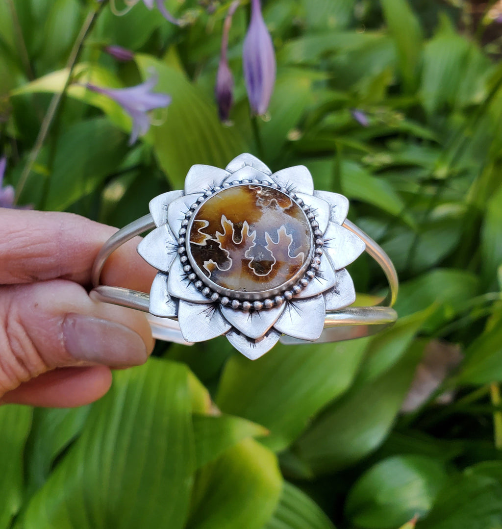 Gorgeous Suture Ammonite Flower Bloom Cuff in Solid Sterling Silver