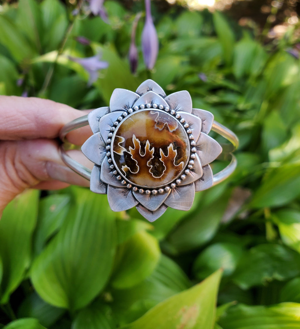 Gorgeous Suture Ammonite Flower Bloom Cuff in Solid Sterling Silver