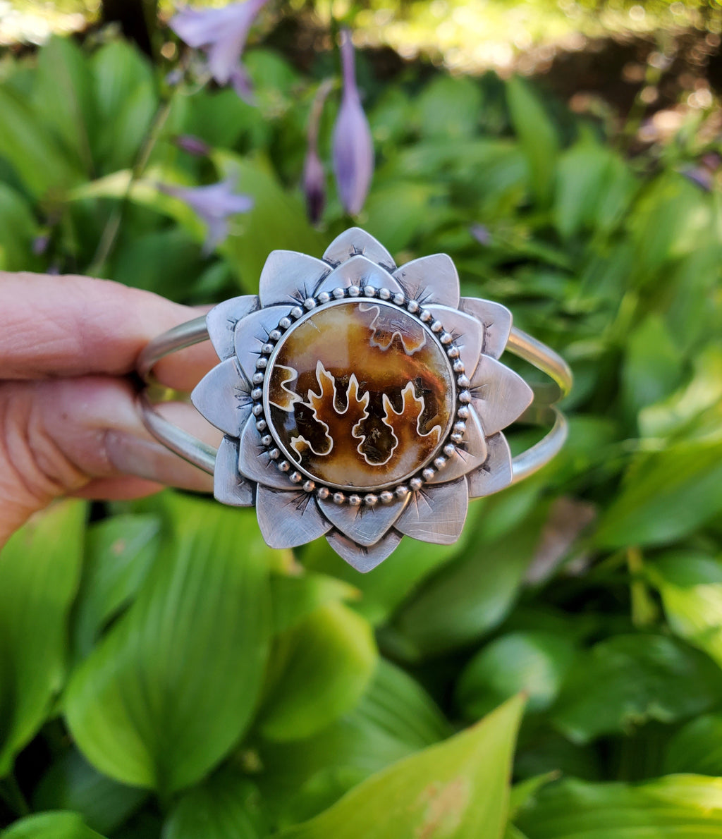Gorgeous Suture Ammonite Flower Bloom Cuff in Solid Sterling Silver