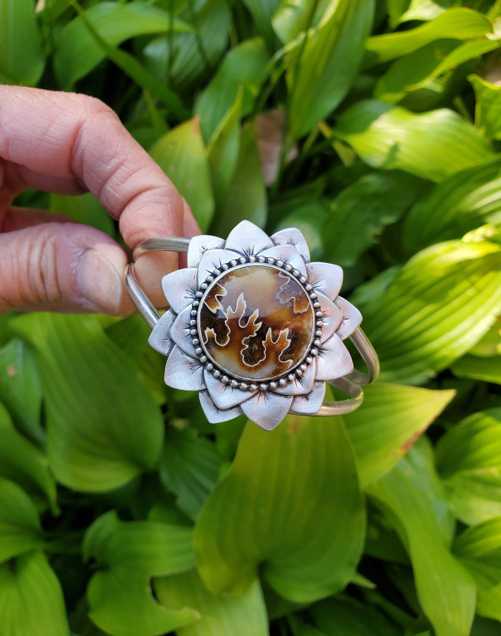 Gorgeous Suture Ammonite Flower Bloom Cuff in Solid Sterling Silver
