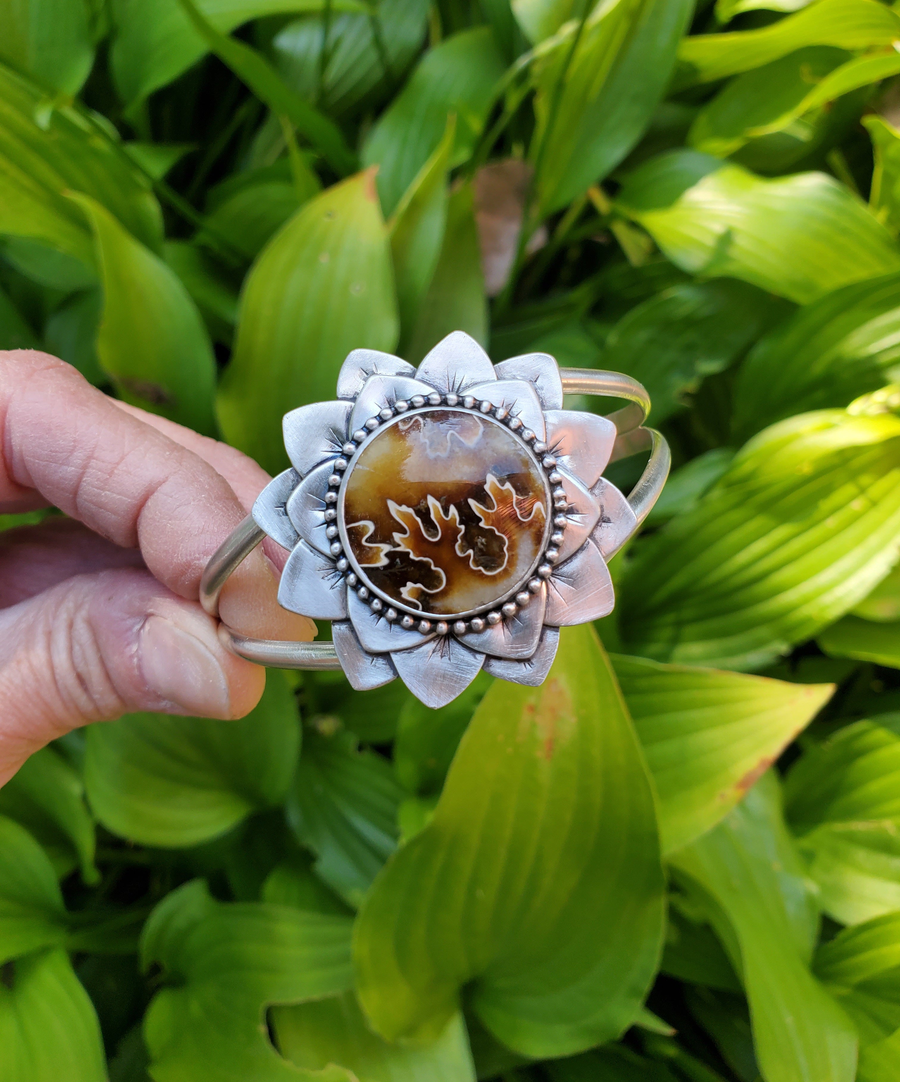 Gorgeous Suture Ammonite Flower Bloom Cuff in Solid Sterling Silver