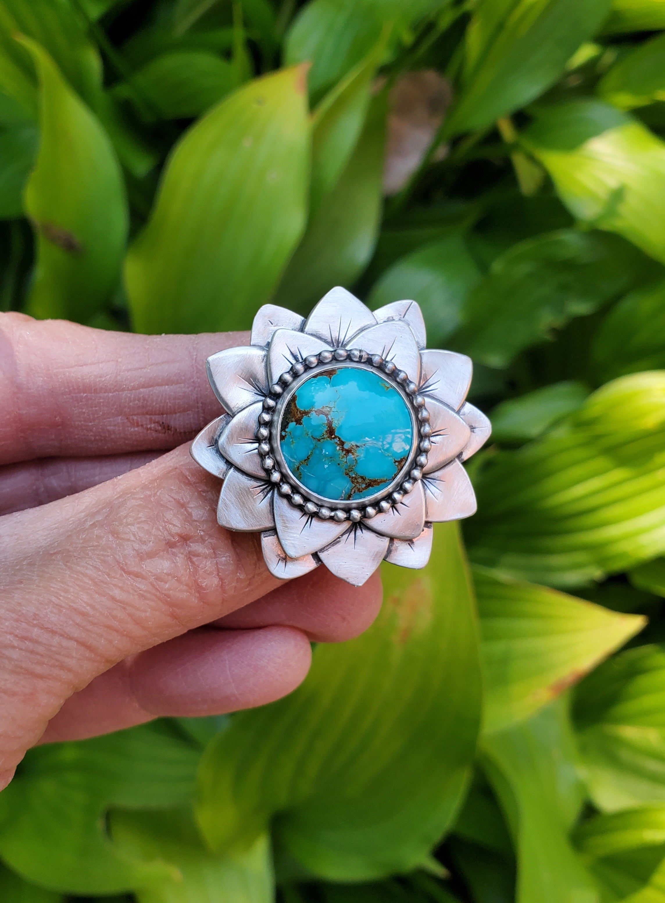 #8 Number 8 Turquoise Flower Bloom Statement Ring in Solid Sterling Silver. Size 7.